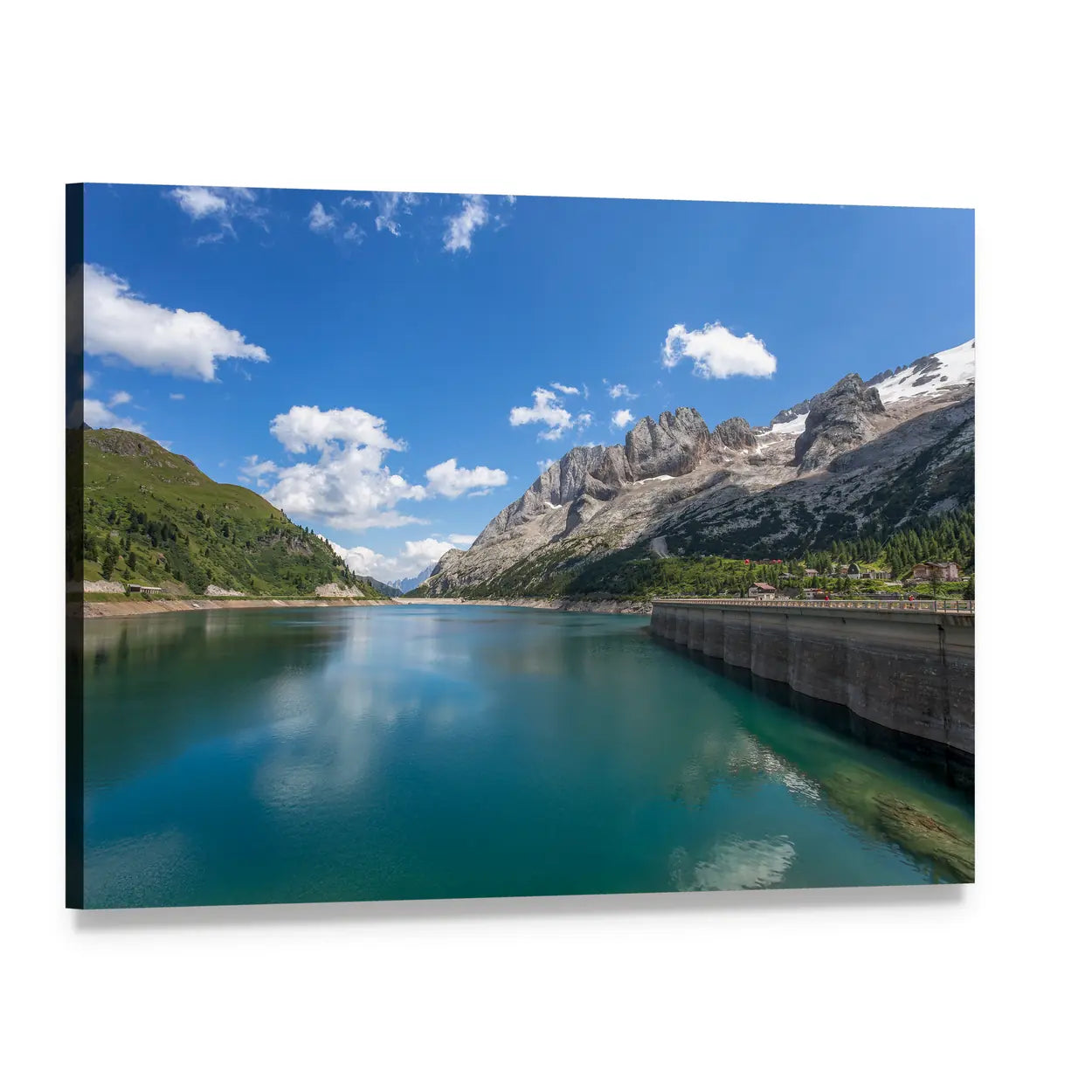 Fedaia Lake with Dam and Mountains Canvas Wall Art, single panel gallery wrapped canvas, angled product view