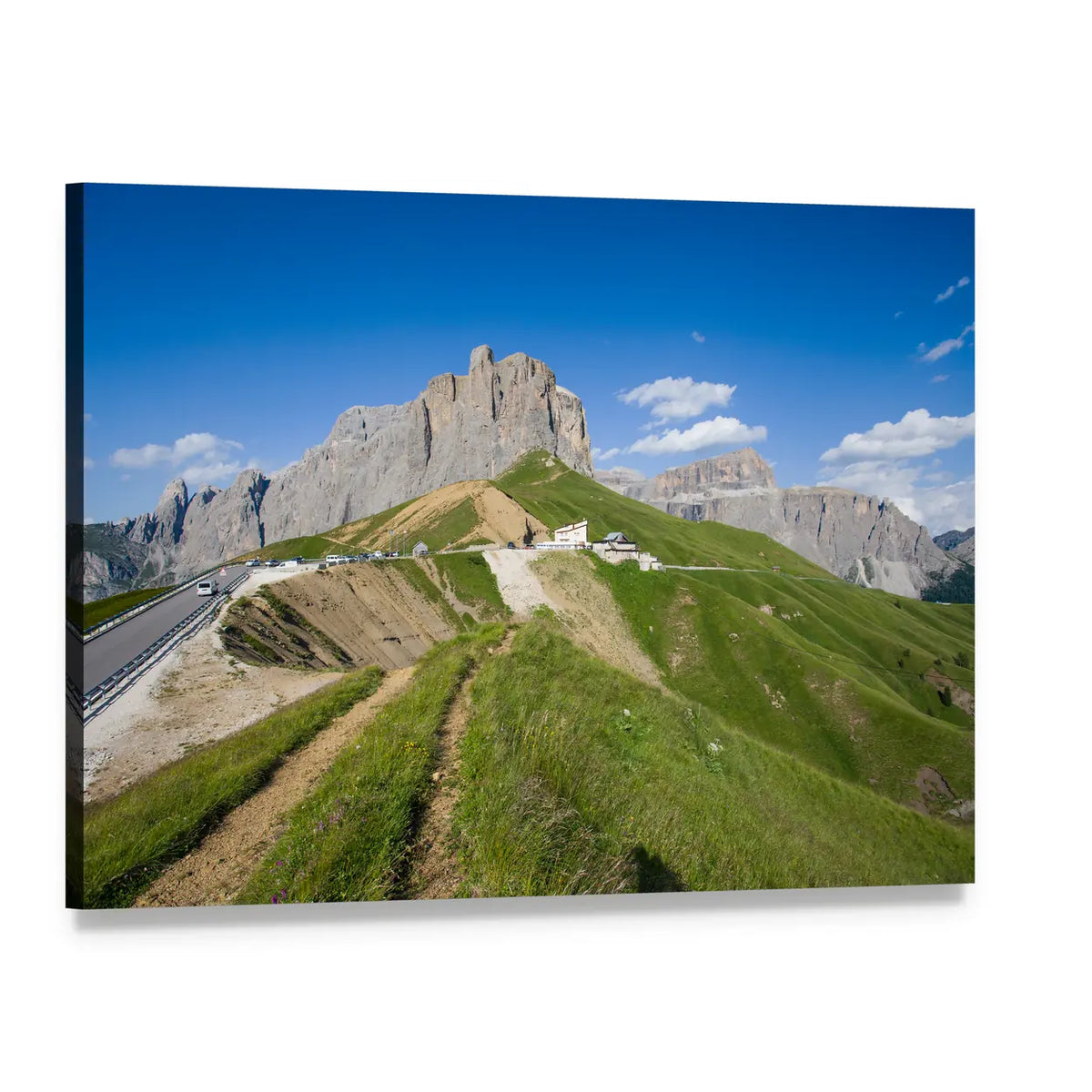 Sella Pass Winding Mountain Road Canvas Wall Art, single panel gallery wrapped canvas, angled product view