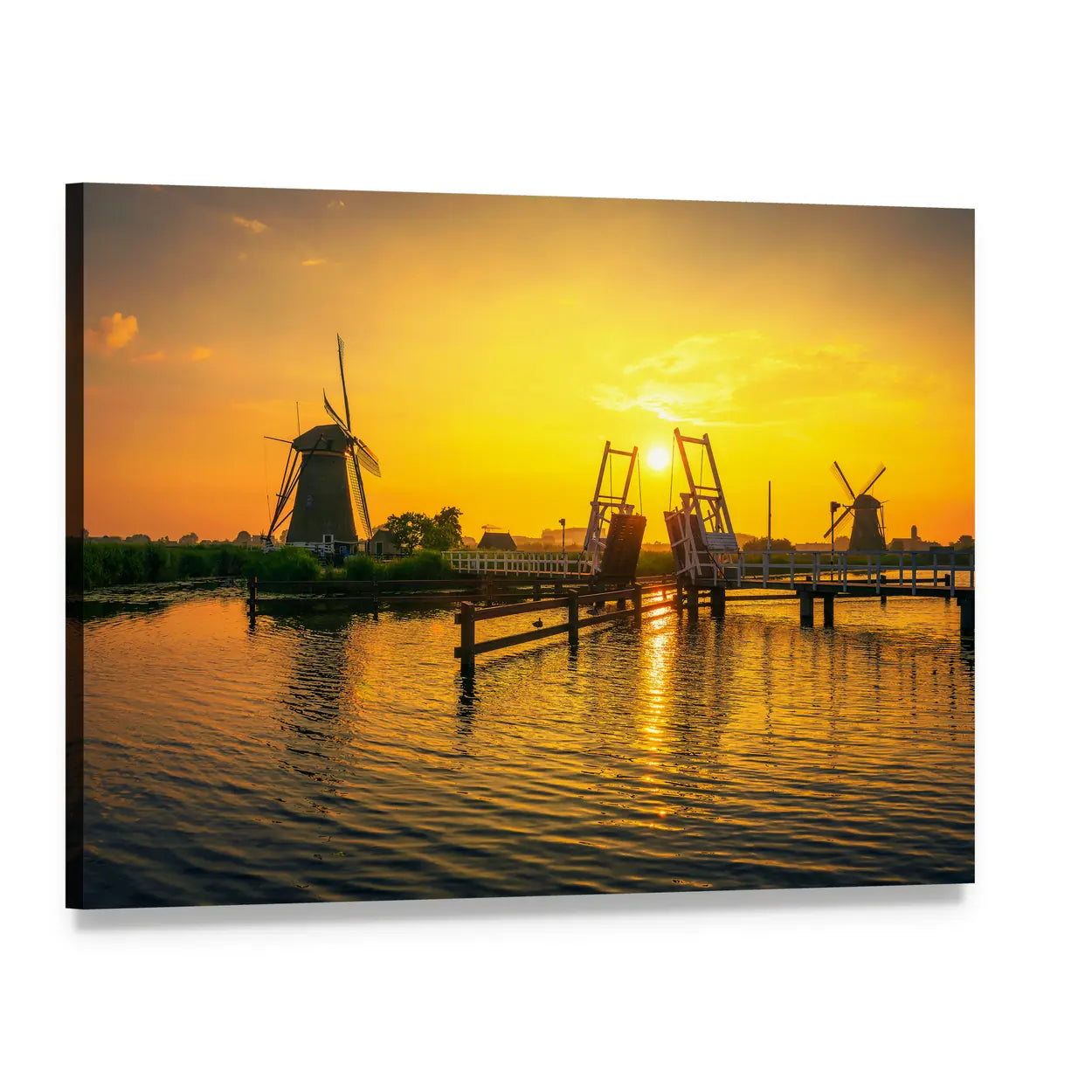 Bridge and Old Windmills at Sunset Canvas Wall Art, single panel gallery wrapped canvas, angled product view
