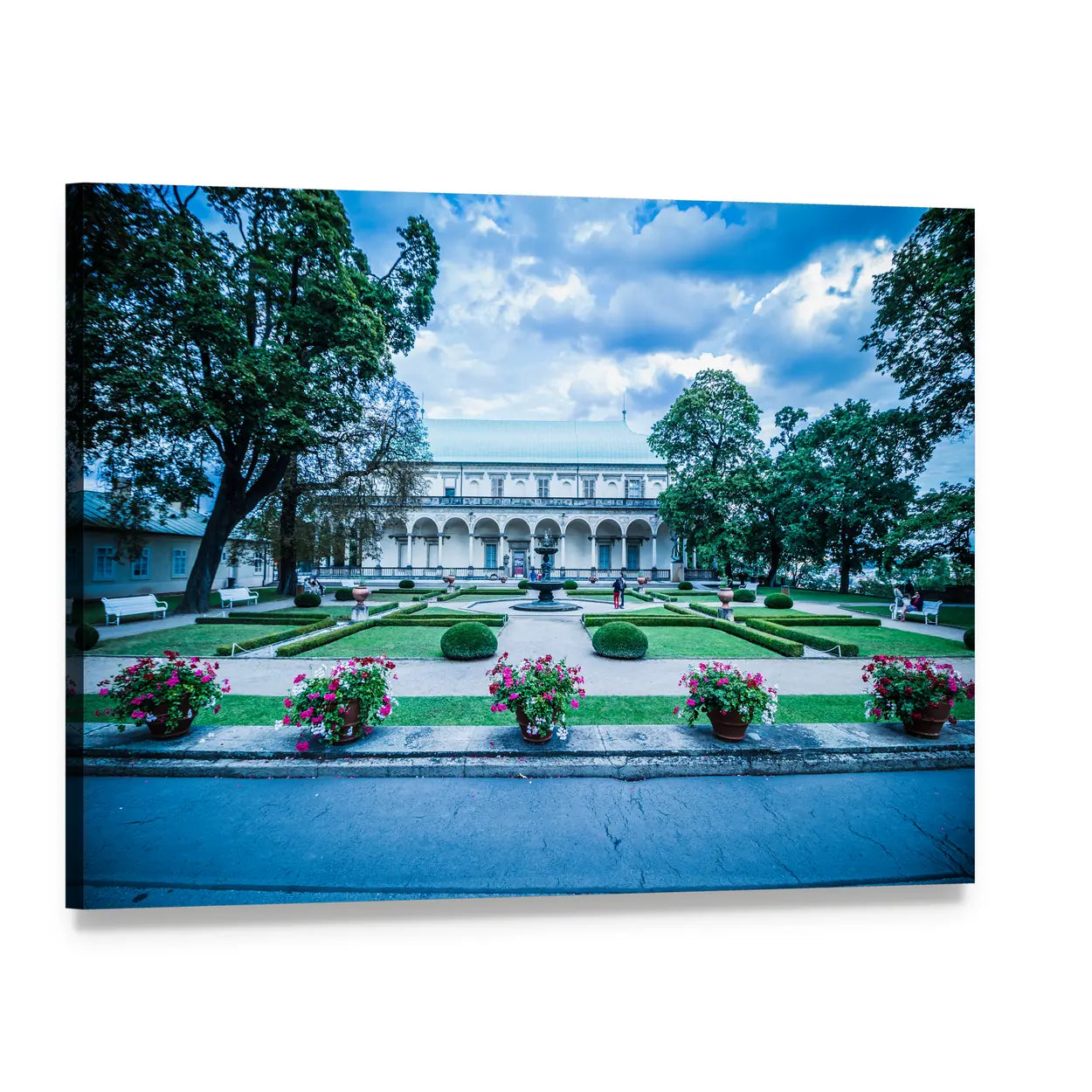 Queen Anne Palace Garden with Fountain Canvas Wall Art, single panel gallery wrapped canvas, angled product view