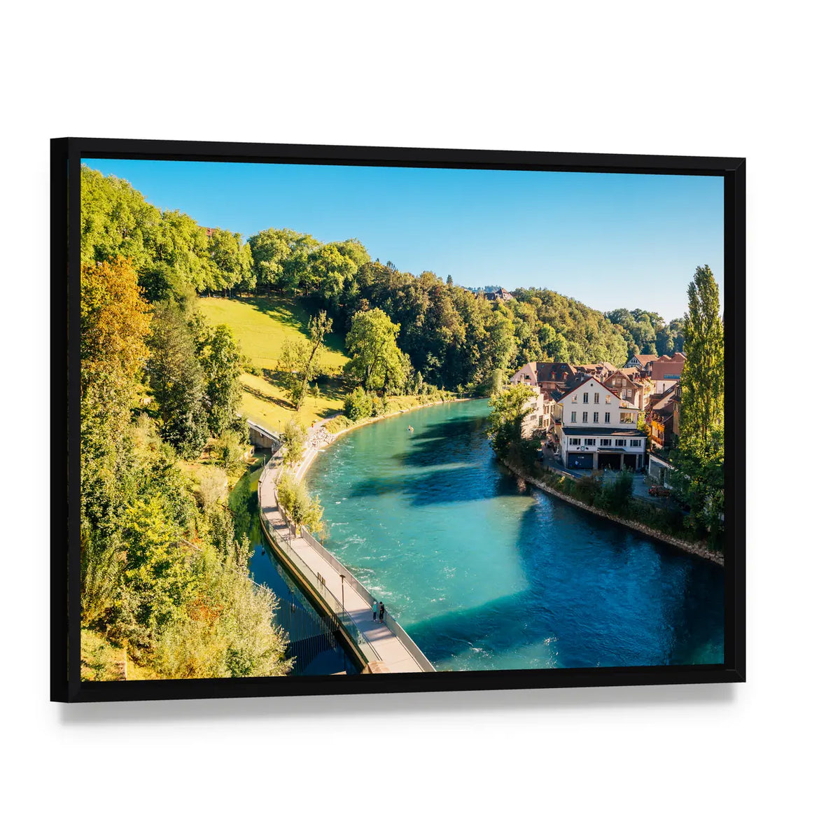 Bern Old Town River Bridge Canvas Wall Art, framed canvas in a black floater frame, angled product view