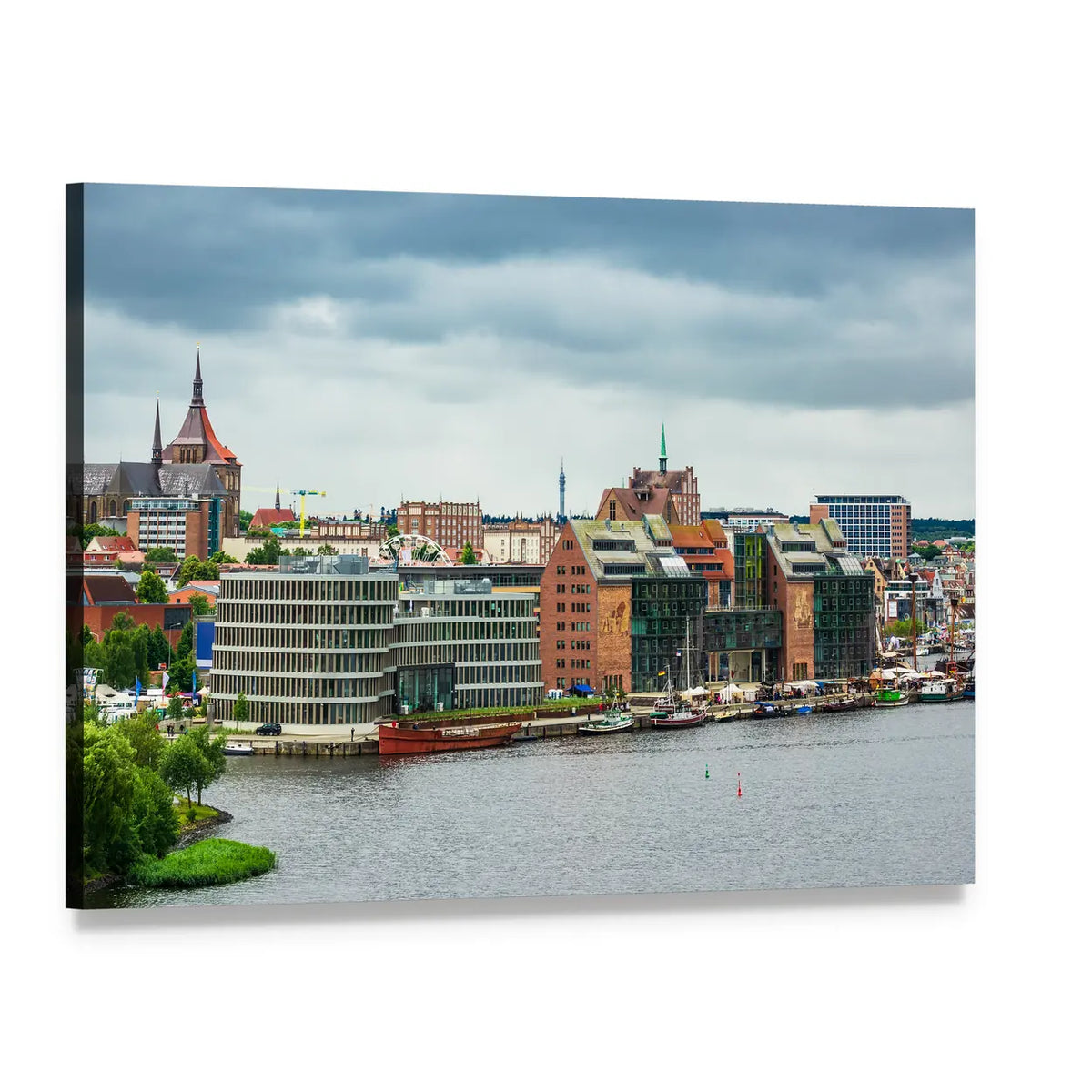 View of Rostock Port and City Canvas Wall Art, single panel gallery wrapped canvas, angled product view