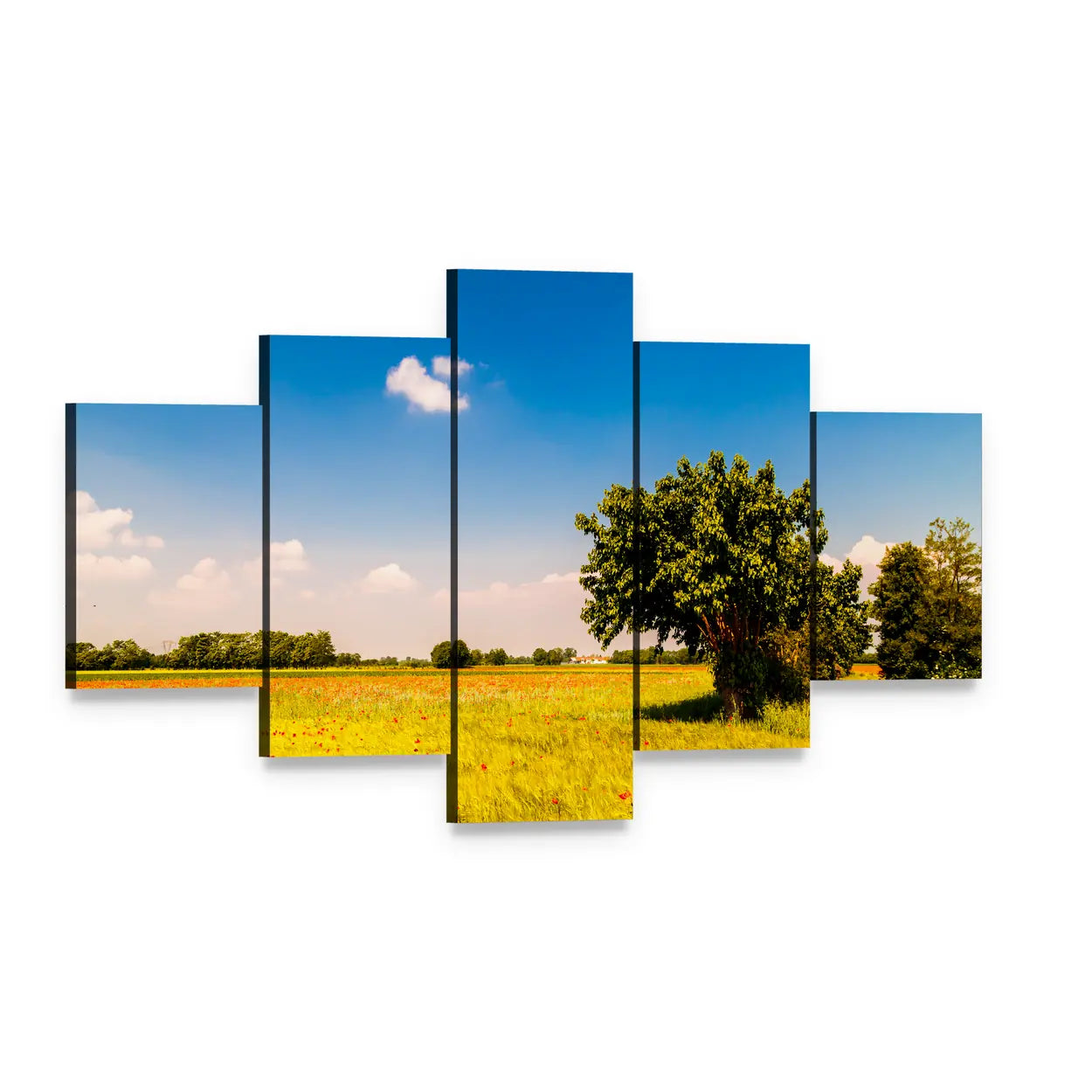 Lone Tree in Golden Poppy Field Canvas Wall Art, 5 panel 5 Star layout gallery wrapped canvas set, angled product view