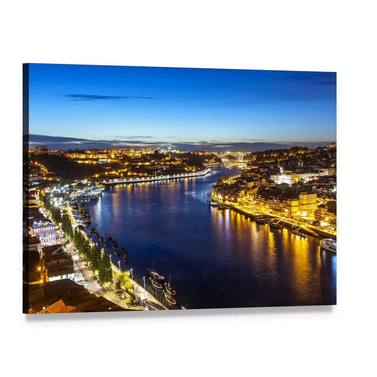 Porto Night Riverfront Cityscape Canvas Wall Art, single panel gallery wrapped canvas, angled product view