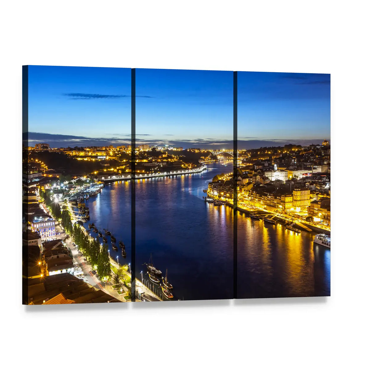 Porto Night Riverfront Cityscape Canvas Wall Art, 3 panel 3 Horizontal layout gallery wrapped canvas set, angled product view