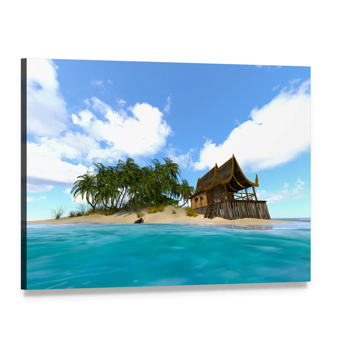 Tropical Island Stilt Hut Over Turquoise Water Canvas Wall Art, single panel gallery wrapped canvas, angled product view