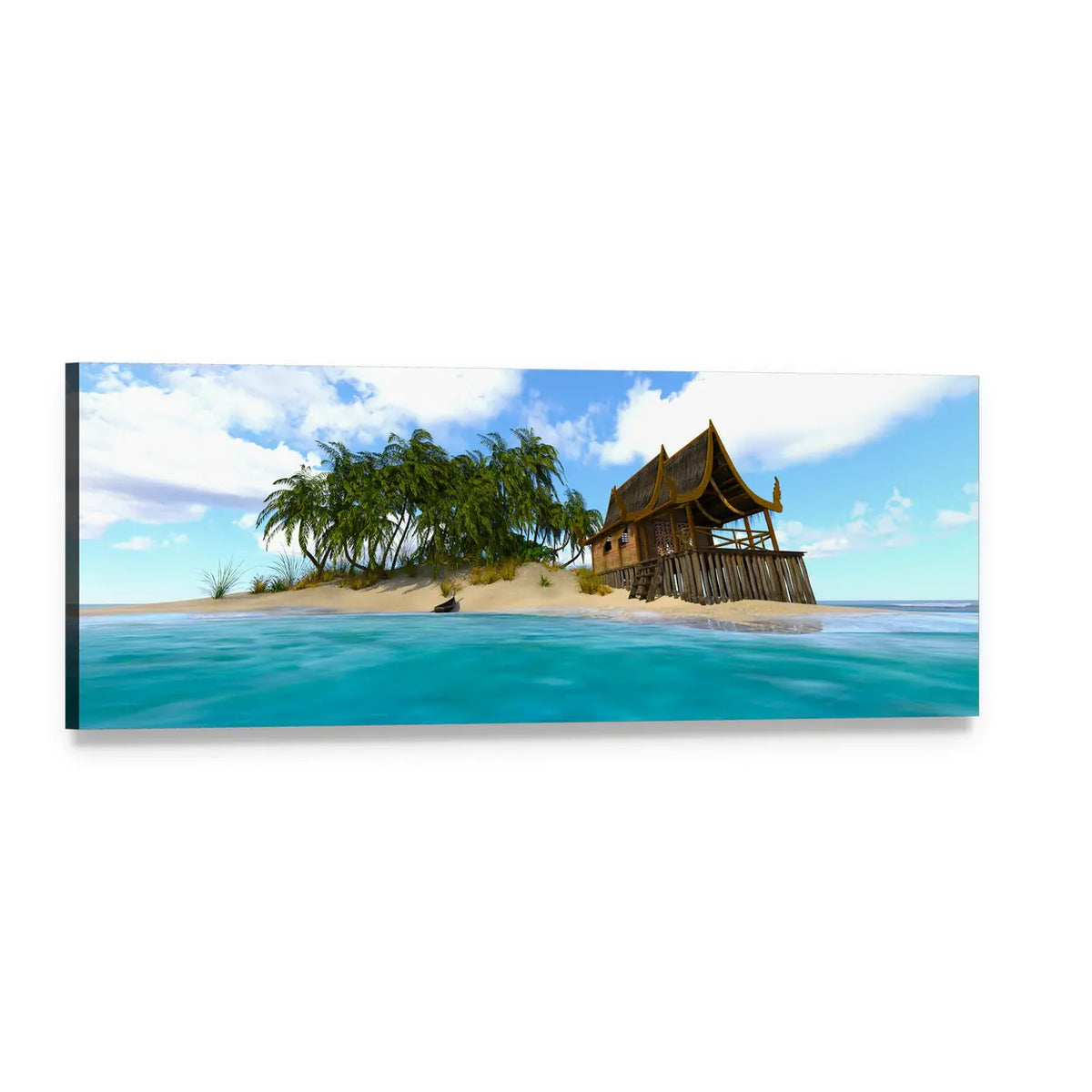 Tropical Island with Thai-style Hut Panoramic Canvas Wall Art, single panel gallery wrapped canvas, angled product view