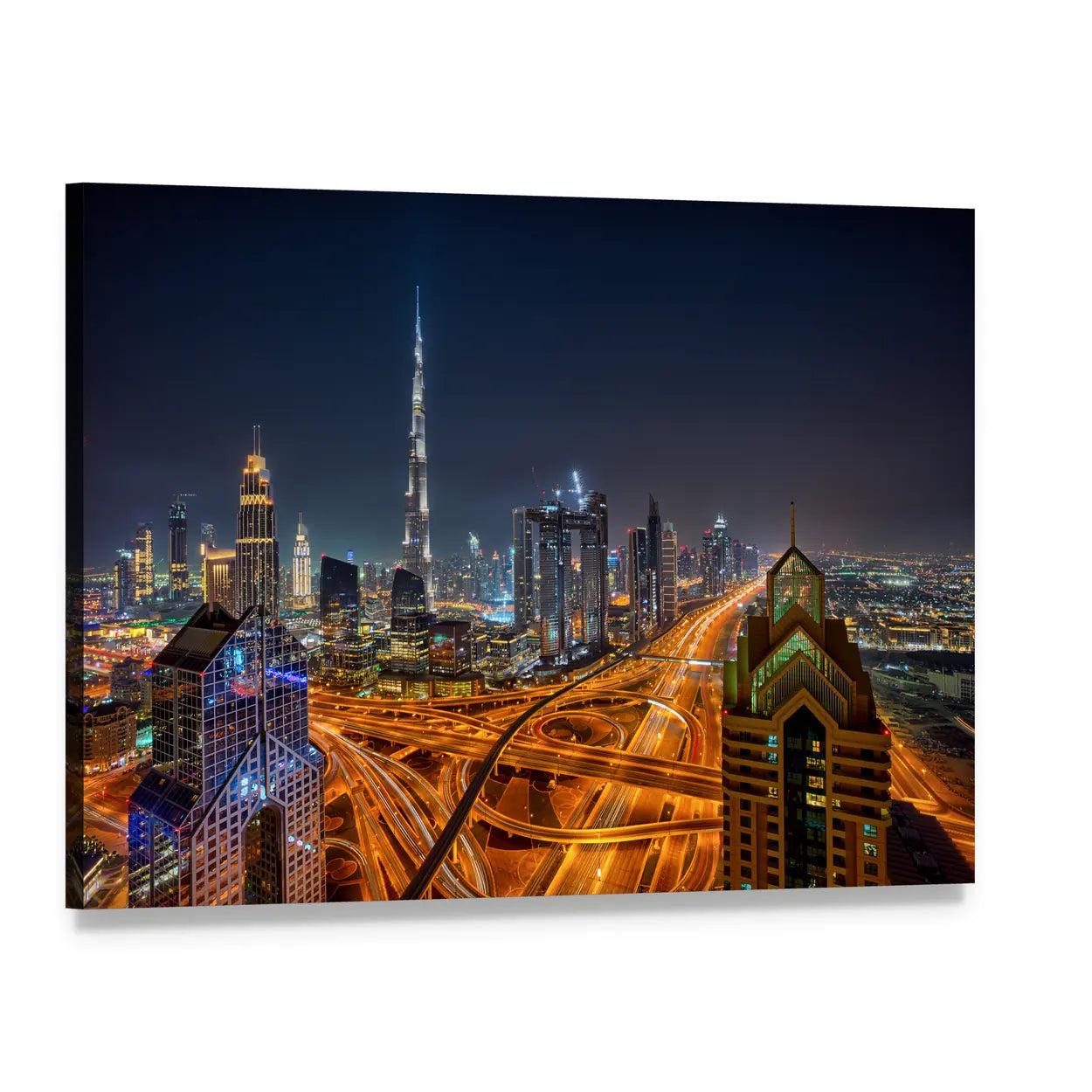 Dubai Skyline with Burj Khalifa Light Trails Canvas Wall Art, single panel gallery wrapped canvas, angled product view
