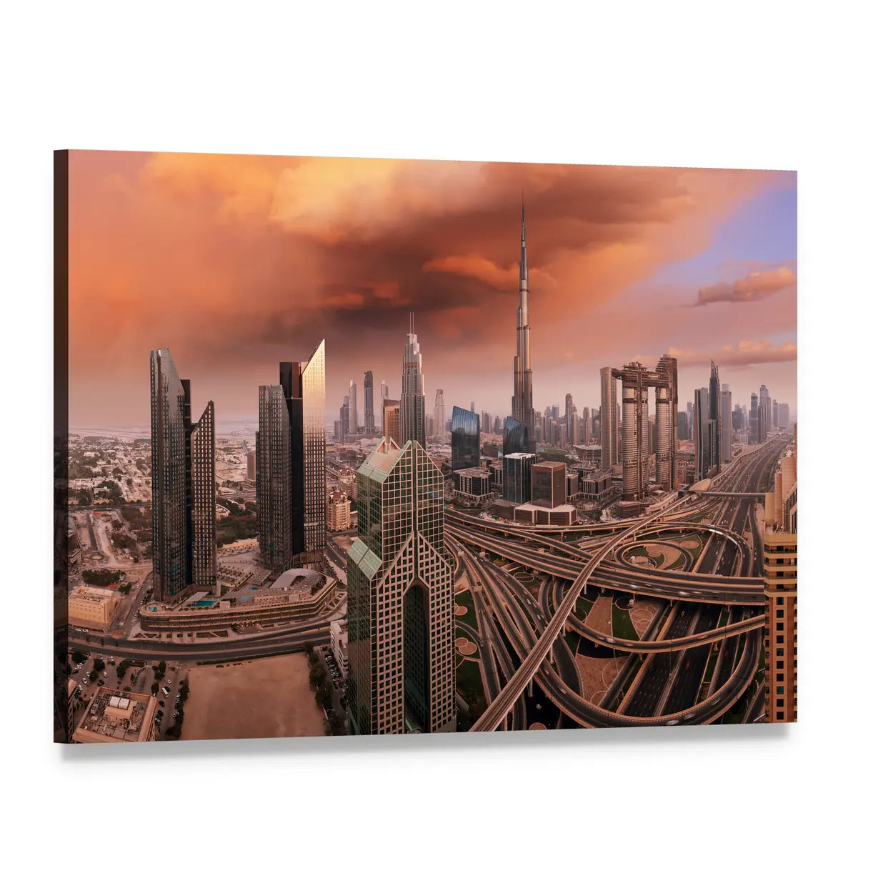 Dubai Skyline with Burj Khalifa Canvas Wall Art, single panel gallery wrapped canvas, angled product view