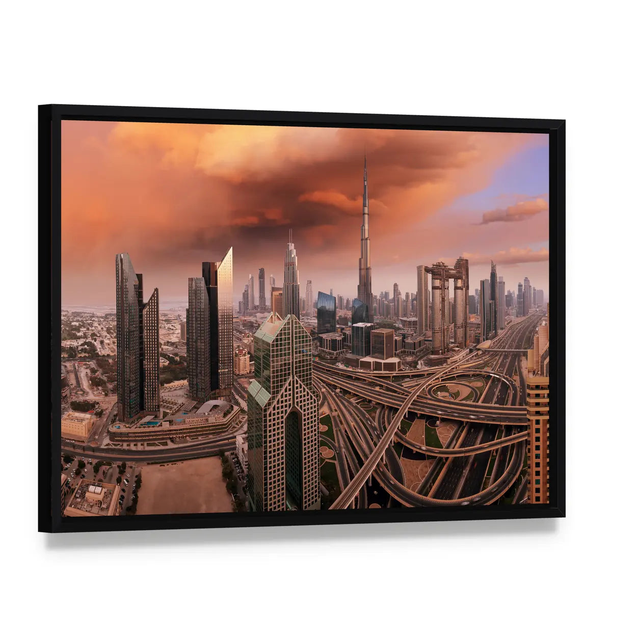 Dubai Skyline with Burj Khalifa Canvas Wall Art, framed canvas in a black floater frame, angled product view