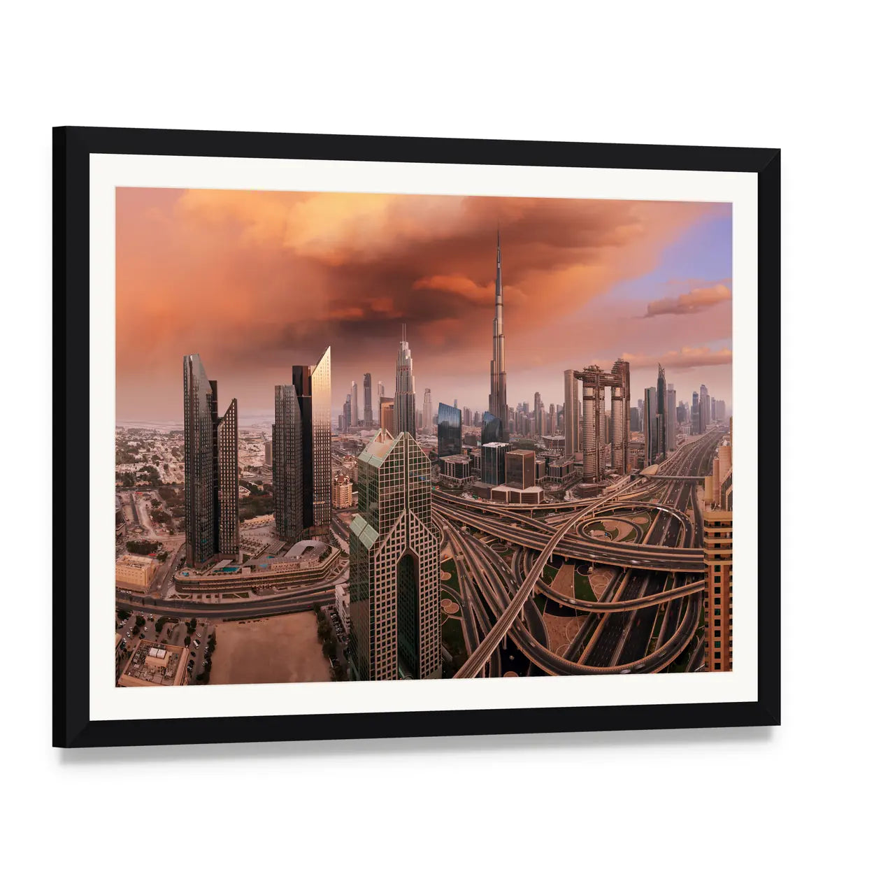 Dubai Skyline with Burj Khalifa Canvas Wall Art, framed print with white mat and black frame, angled product view