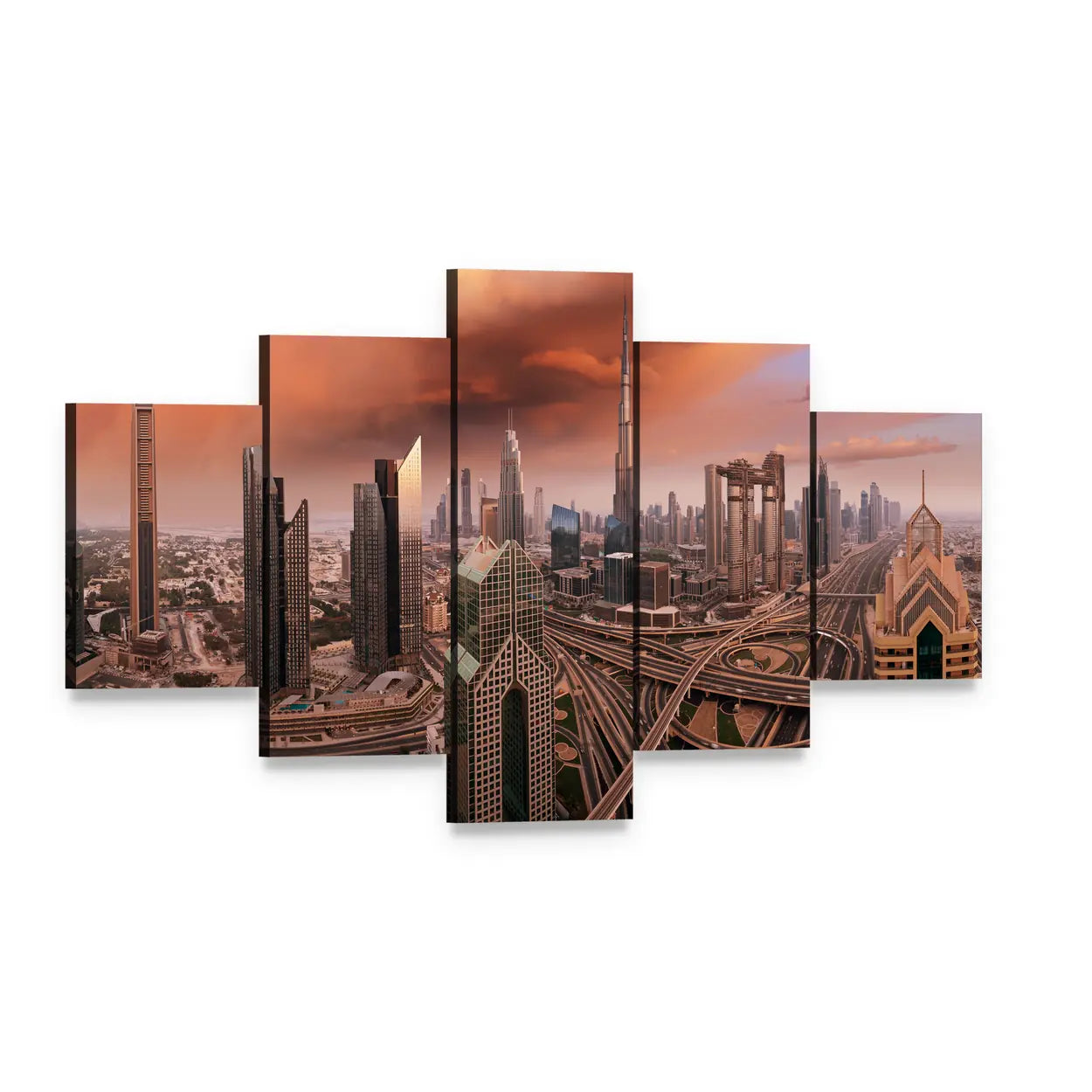 Dubai Skyline with Burj Khalifa Canvas Wall Art, 5 panel 5 Star layout gallery wrapped canvas set, angled product view
