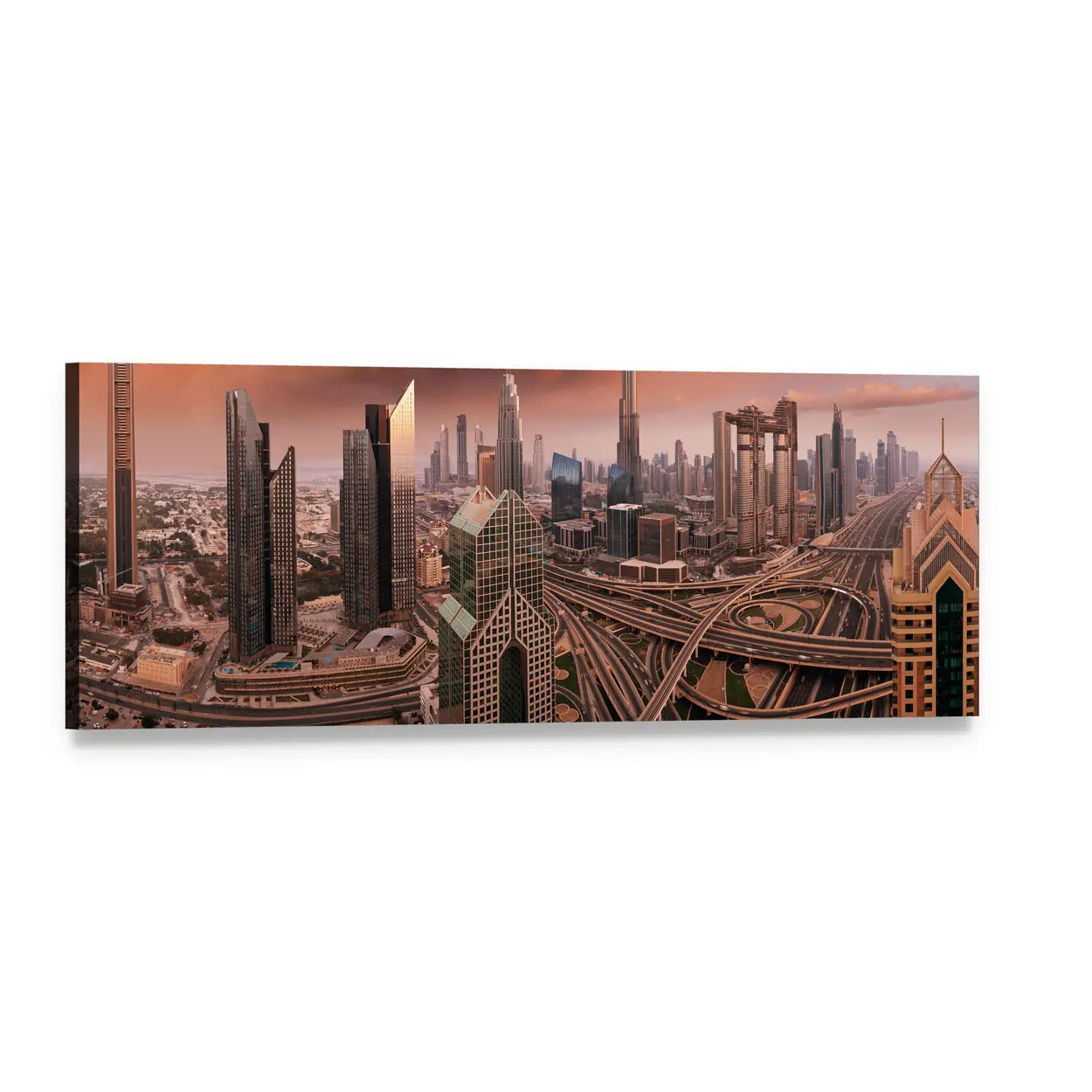 Dubai Skyline at Sunset Panoramic Canvas Wall Art, single panel gallery wrapped canvas, angled product view