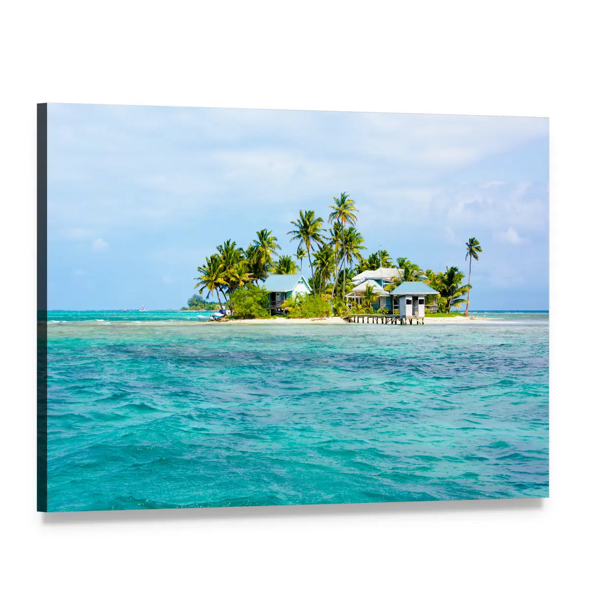Small Tropical Island with Pier Canvas Wall Art, single panel gallery wrapped canvas, angled product view
