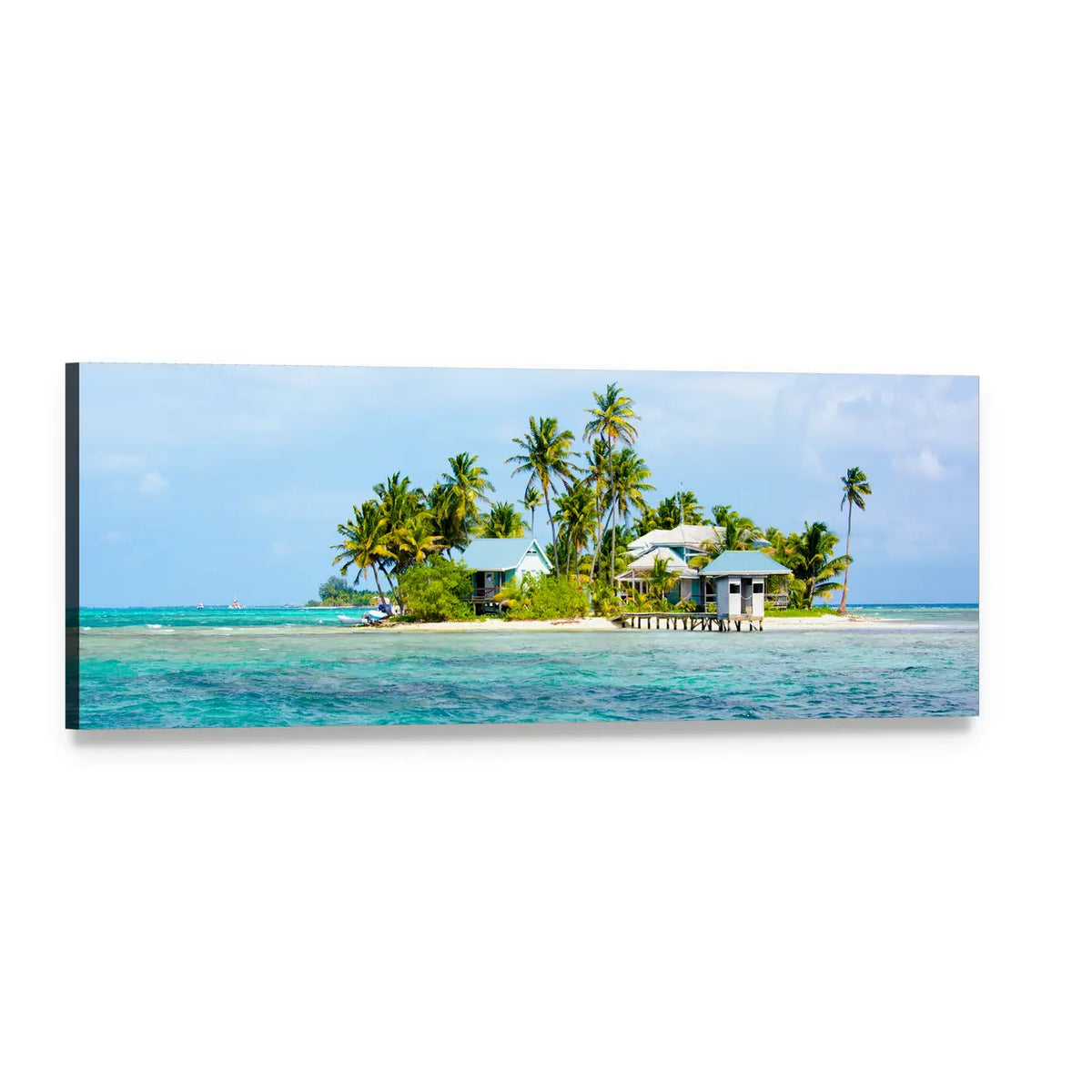 Tropical Island with Pier and Blue-roof Huts Panoramic Canvas Wall Art, single panel gallery wrapped canvas, angled product view
