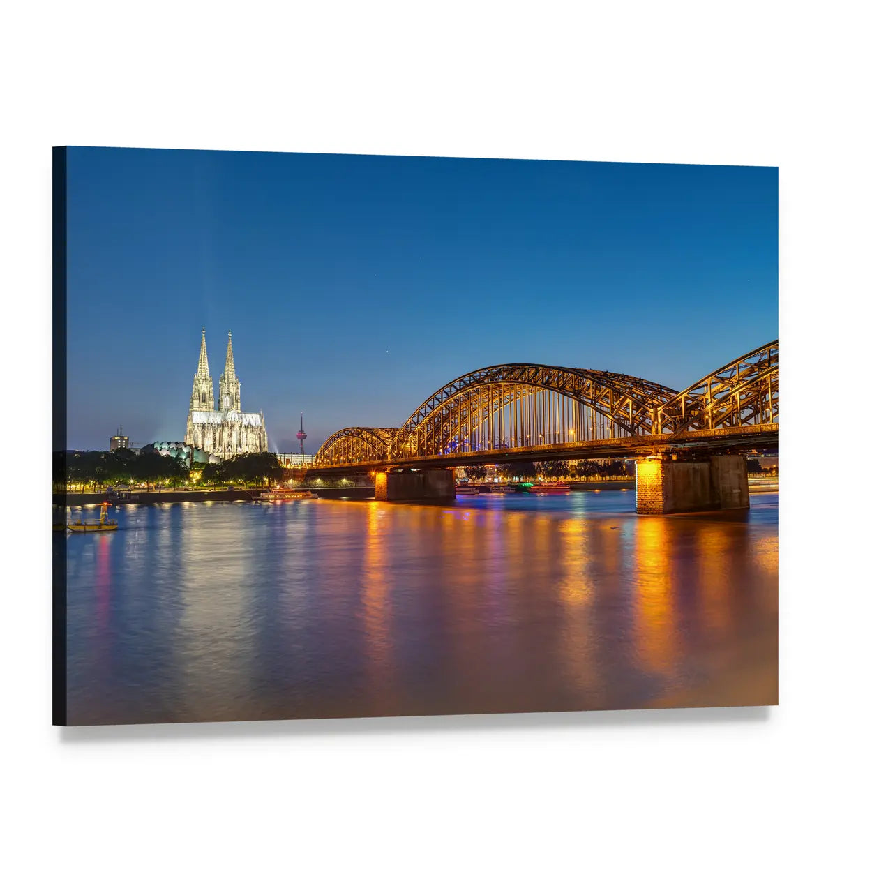 Hohenzollern Bridge and Cologne Cathedral at Night Canvas Wall Art, single panel gallery wrapped canvas, angled product view