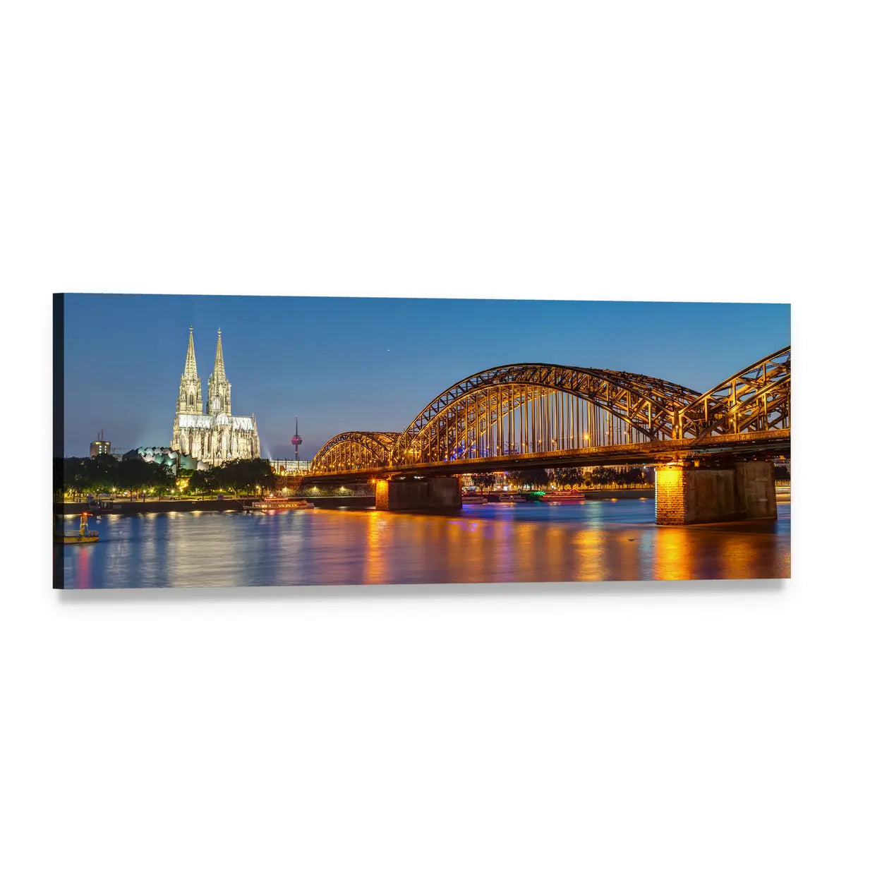 Hohenzollern Bridge with Cologne Cathedral Spires Panoramic Canvas Wall Art, single panel gallery wrapped canvas, angled product view
