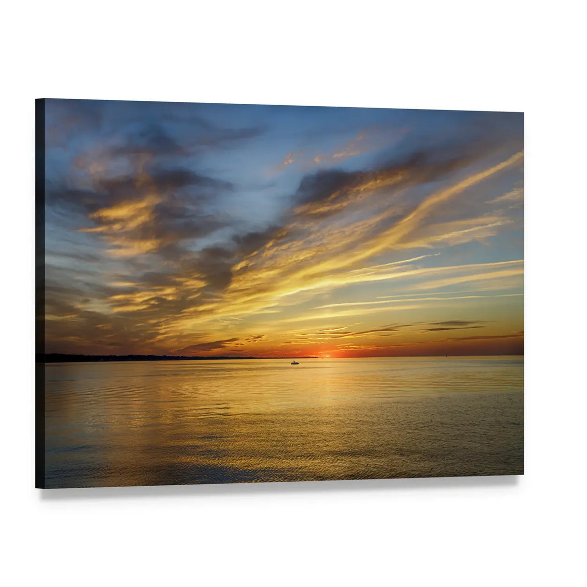 Golden Sunset Over Lake with Boat Silhouette Canvas Wall Art, single panel gallery wrapped canvas, angled product view