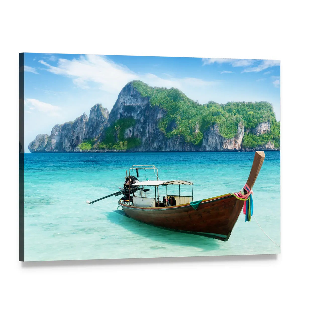 Longtail Boat on Phi Phi Island Canvas Wall Art, single panel gallery wrapped canvas, angled product view