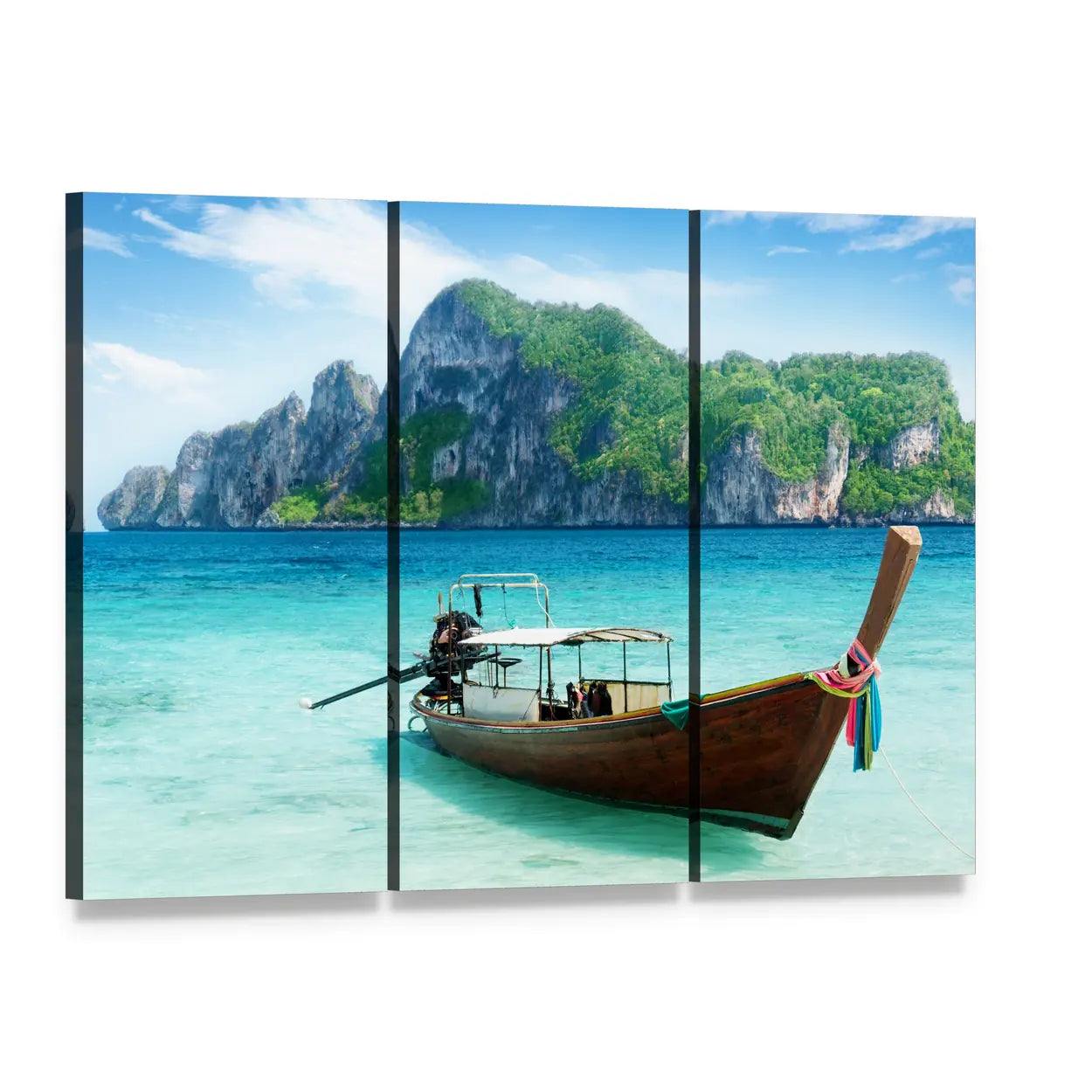 Longtail Boat on Phi Phi Island Canvas Wall Art, 3 panel 3 Horizontal layout gallery wrapped canvas set, angled product view