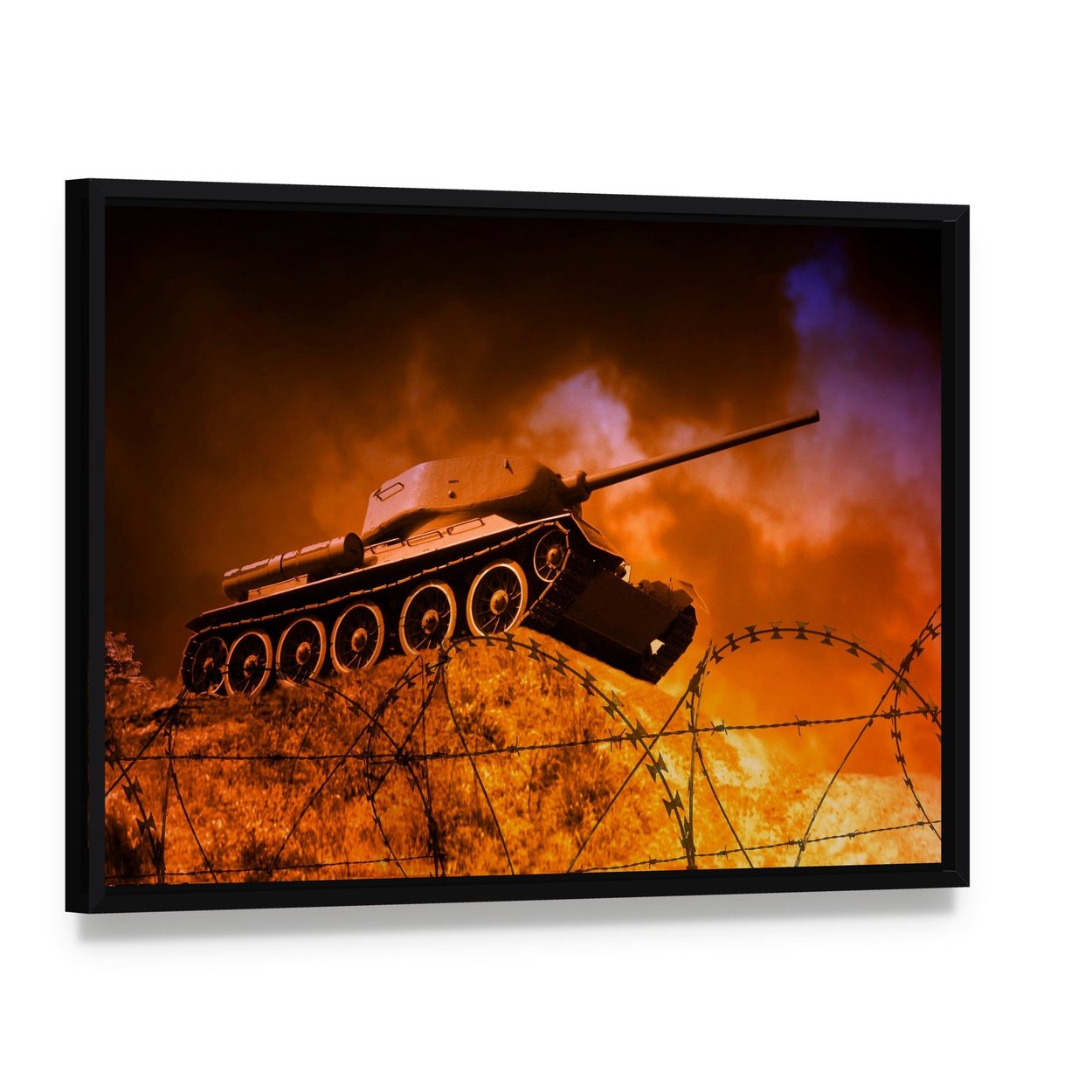 Soviet Tank on Battlefield Canvas Wall Art, framed canvas in a black floater frame, angled product view