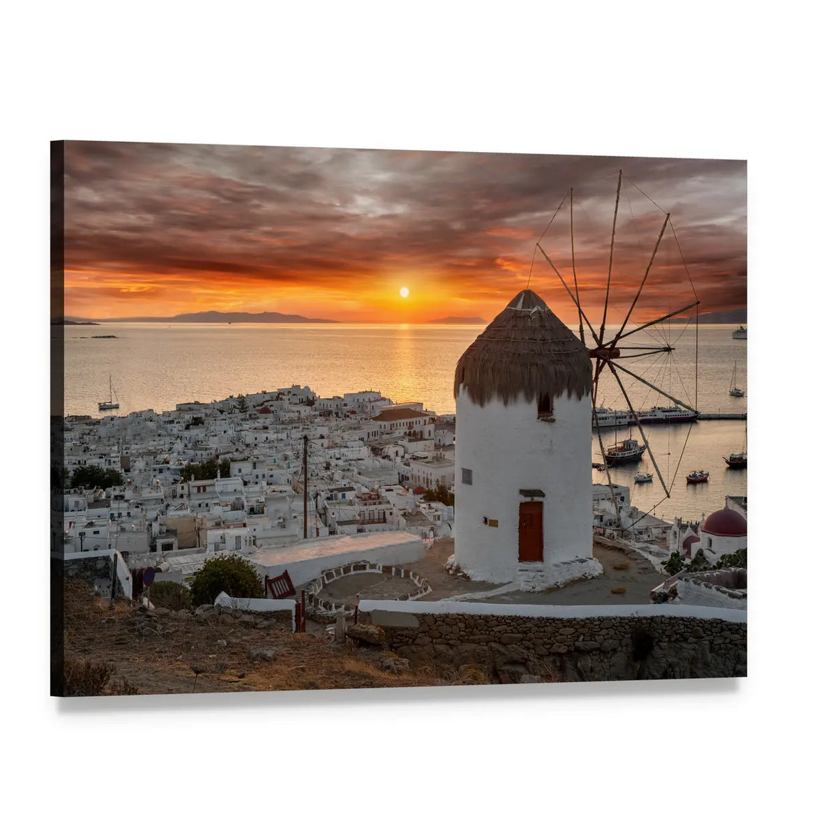 Mykonos Sunset with White Windmill Canvas Wall Art, single panel gallery wrapped canvas, angled product view
