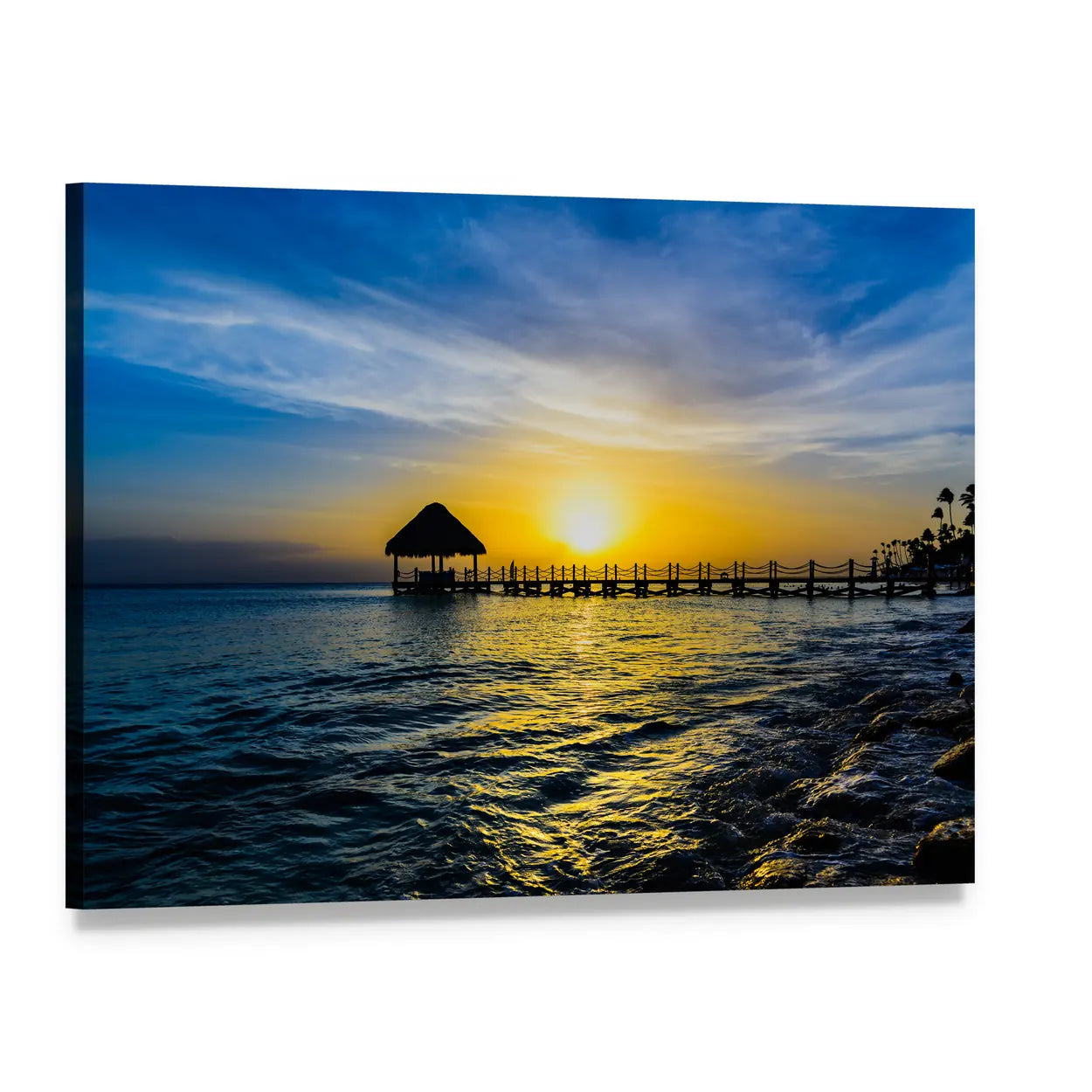 Thatched Pier at Tropical Sunset Canvas Wall Art, single panel gallery wrapped canvas, angled product view