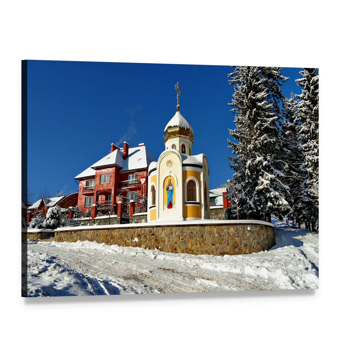 Orthodox Chapel with Saint Icon and Golden Dome Canvas Wall Art, single panel gallery wrapped canvas, angled product view