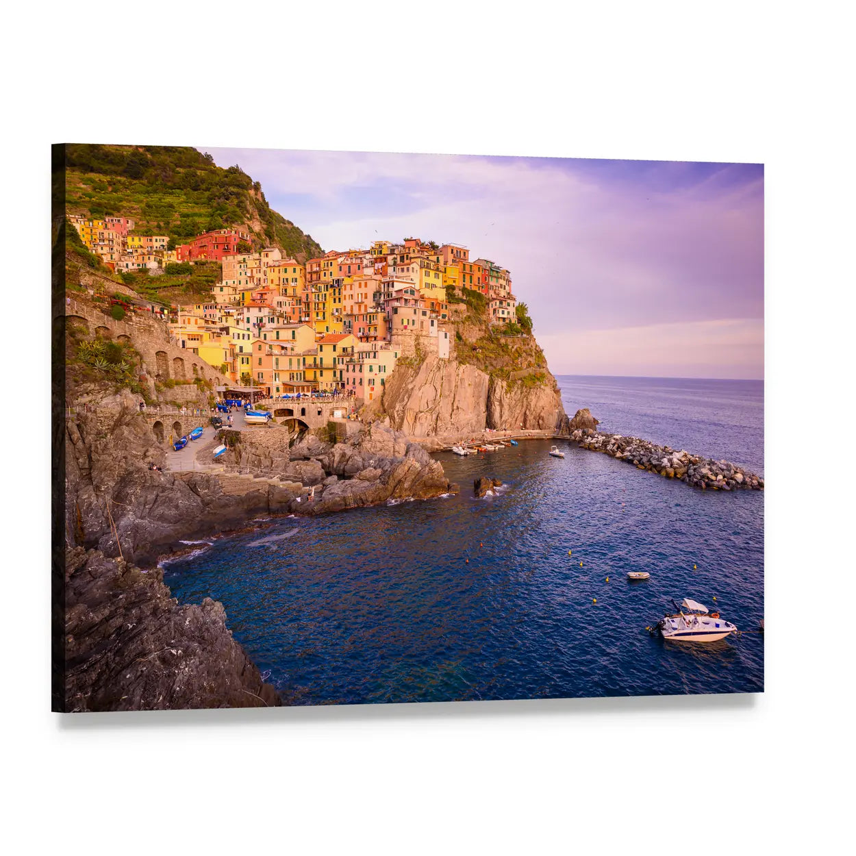 Cinque Terre Coastal Village at Sunset Canvas Wall Art, single panel gallery wrapped canvas, angled product view