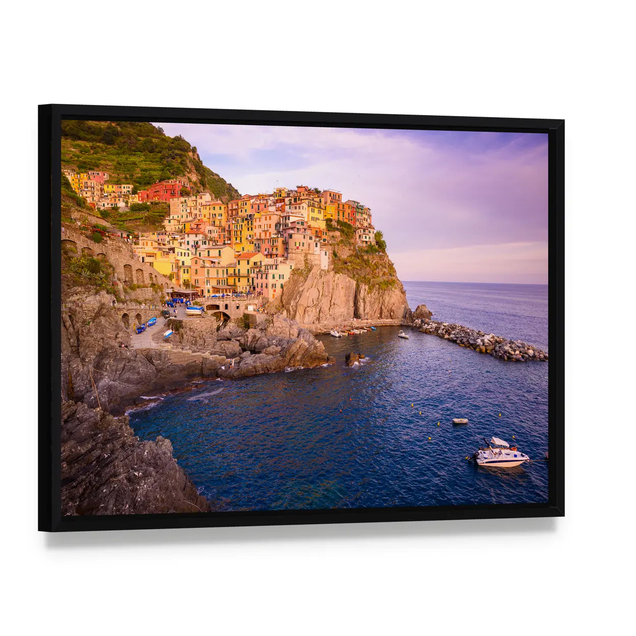 Cinque Terre Coastal Village at Sunset Canvas Wall Art, framed canvas in a black floater frame, angled product view