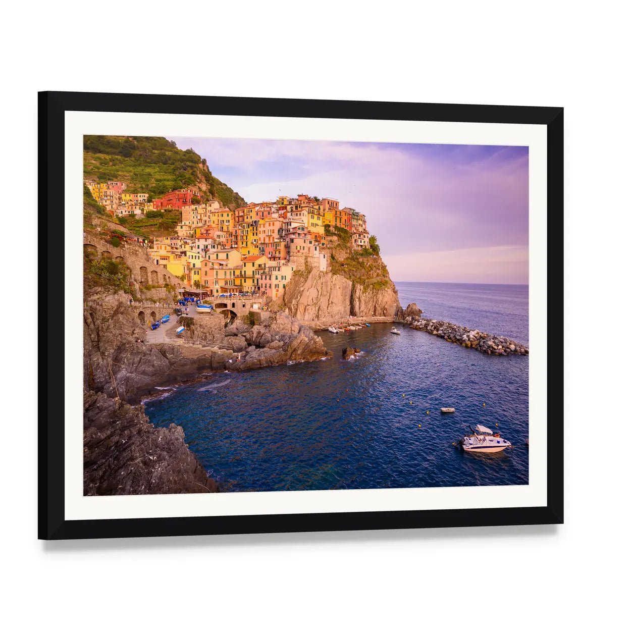 Cinque Terre Coastal Village at Sunset Canvas Wall Art, framed print with white mat and black frame, angled product view
