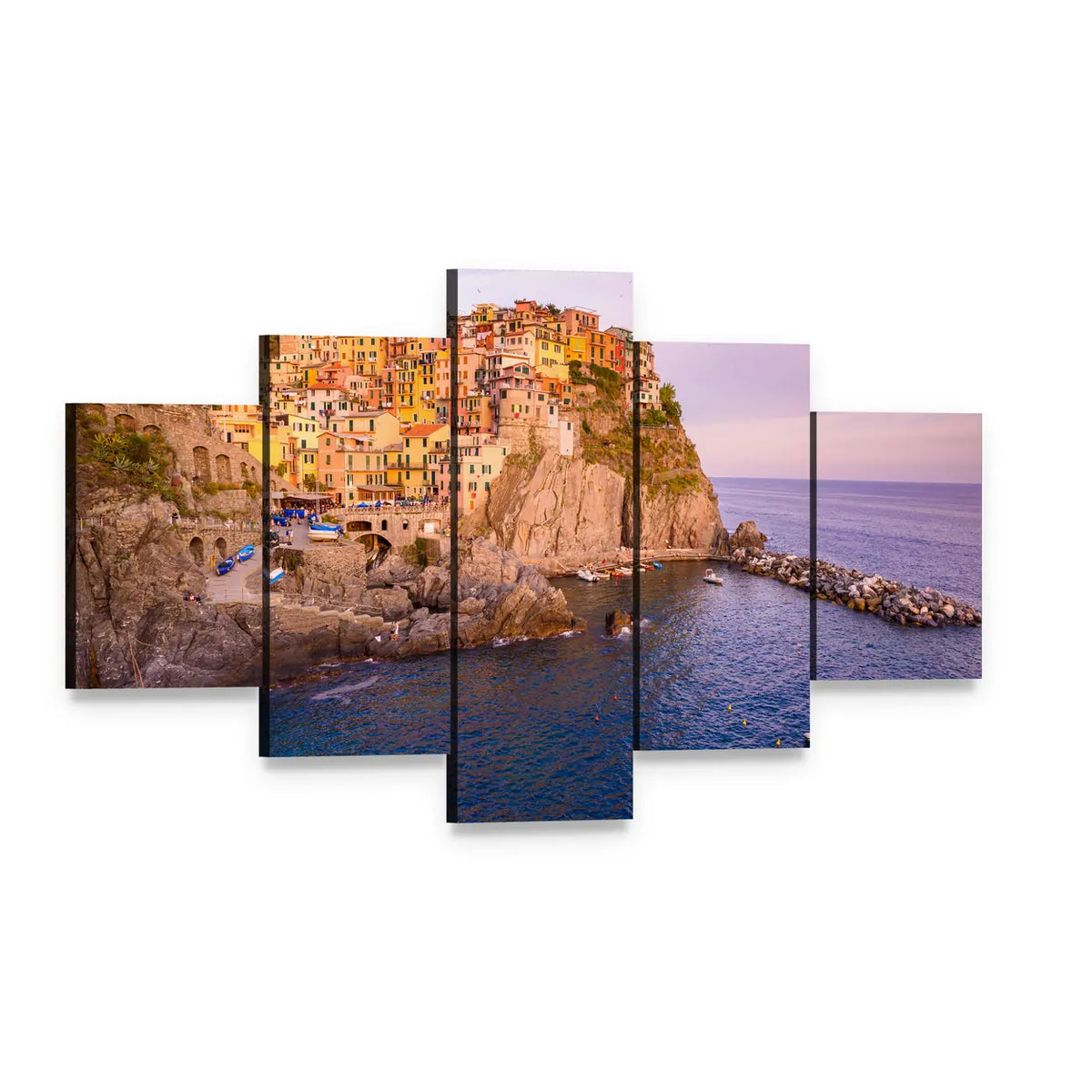 Cinque Terre Coastal Village at Sunset Canvas Wall Art, 5 panel 5 Star layout gallery wrapped canvas set, angled product view