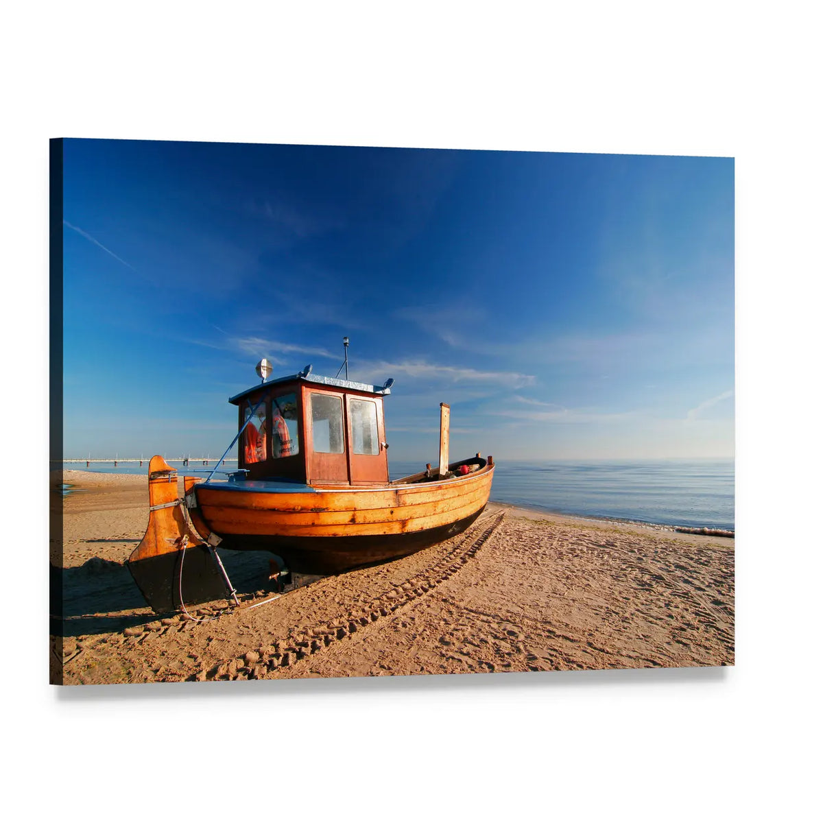 Boat on Sandy Beach Canvas Wall Art, single panel gallery wrapped canvas, angled product view