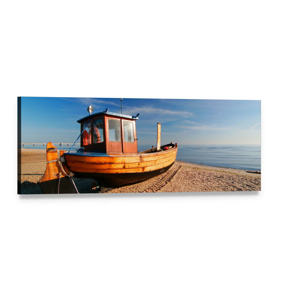 Wooden Fishing Boat on Sandy Beach Panoramic Canvas Wall Art, single panel gallery wrapped canvas, angled product view