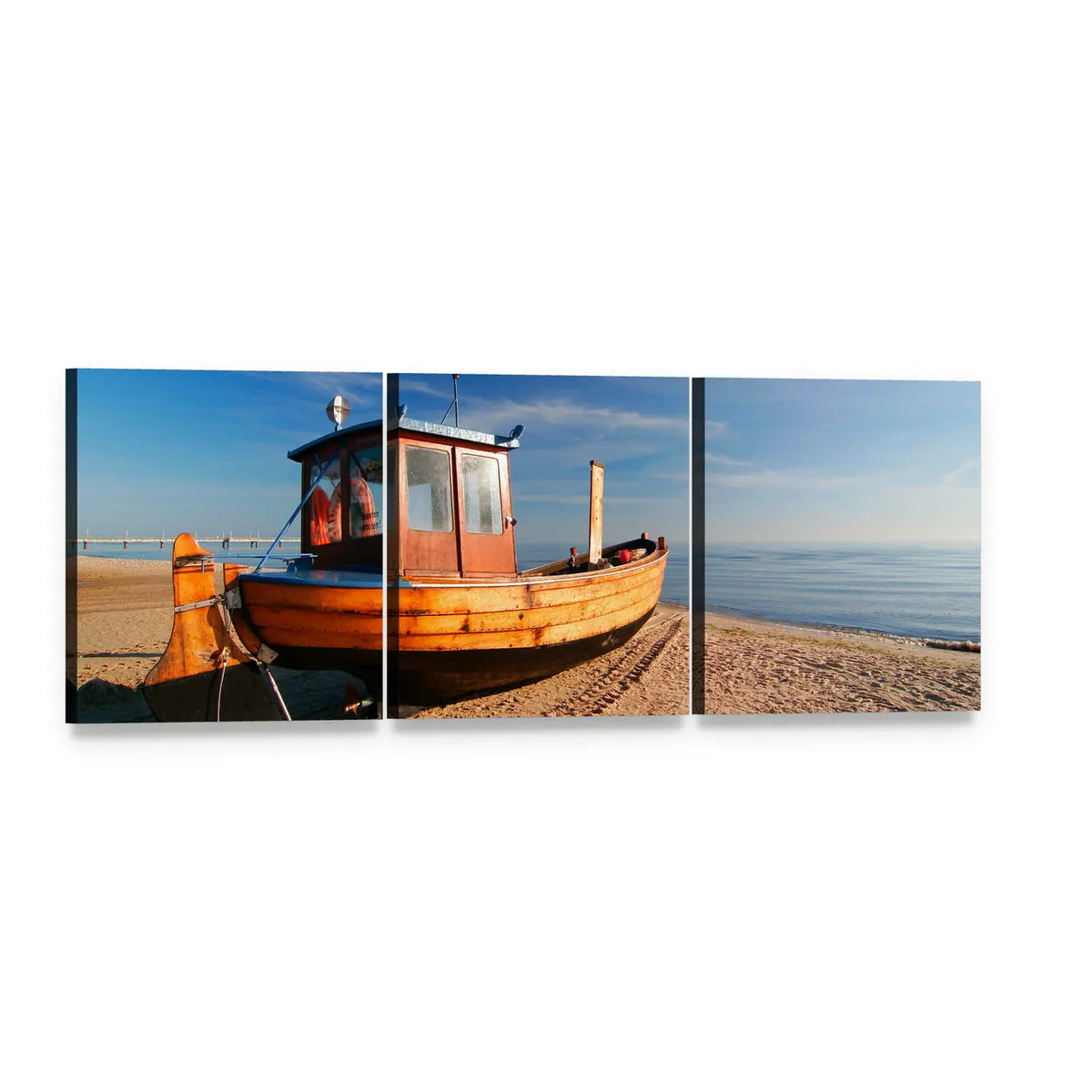 Wooden Fishing Boat on Sandy Beach Panoramic Canvas Wall Art, 3 panel 3 Piece layout gallery wrapped canvas set, angled product view