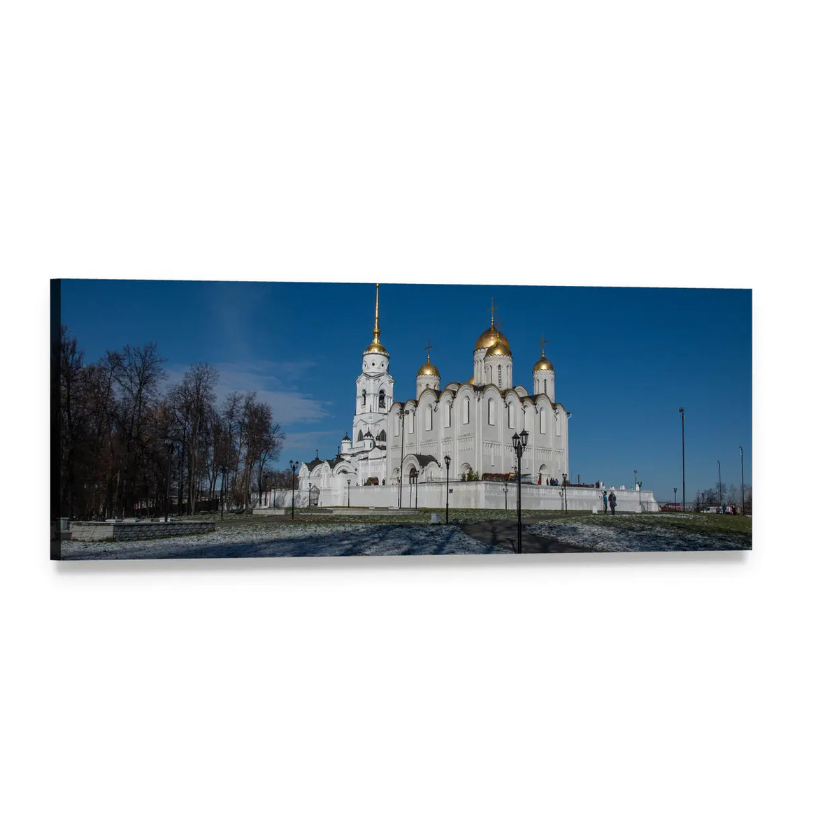White Russian Cathedral with Golden Domes Panoramic Canvas Wall Art, single panel gallery wrapped canvas, angled product view