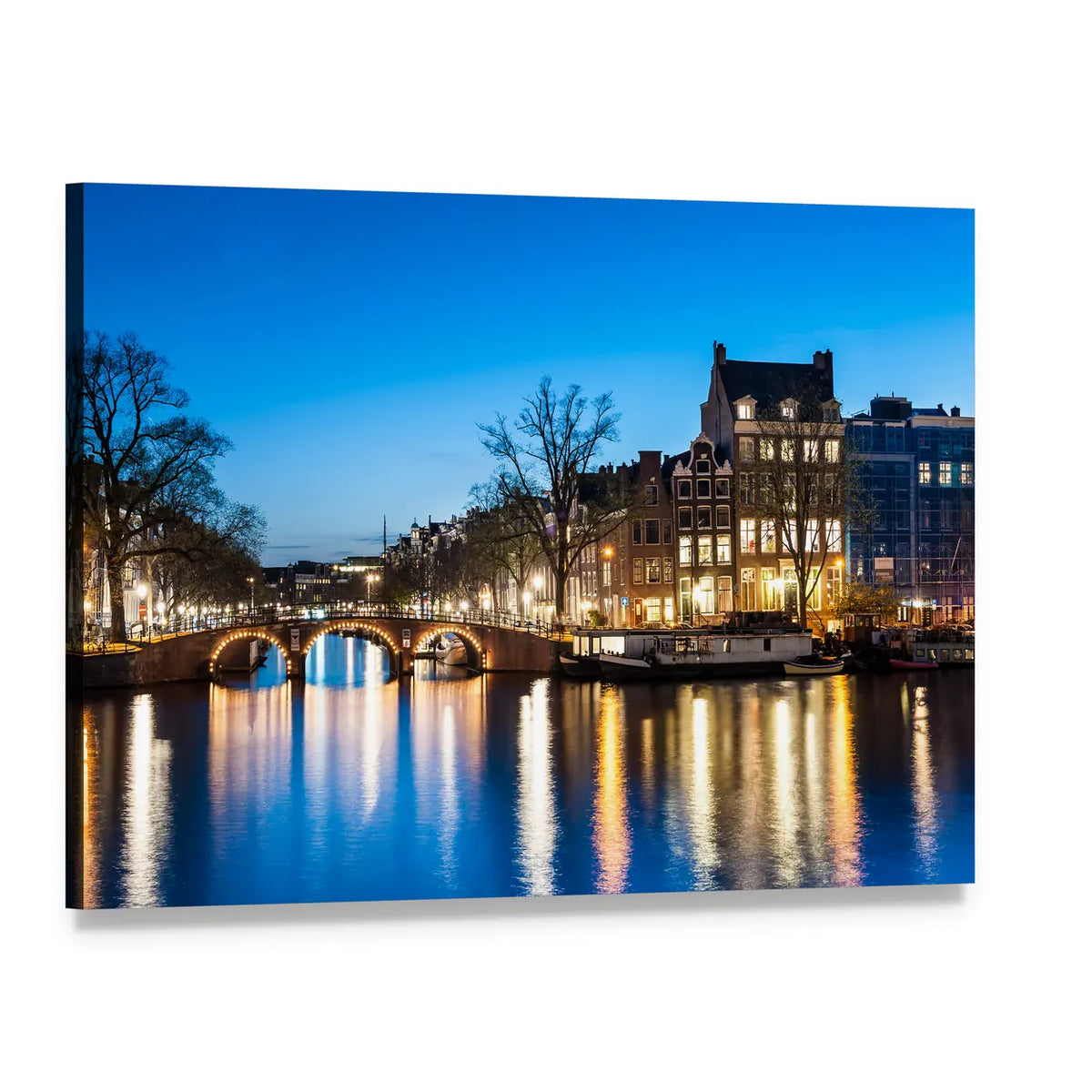 Amsterdam Canal at Night Canvas Wall Art, single panel gallery wrapped canvas, angled product view