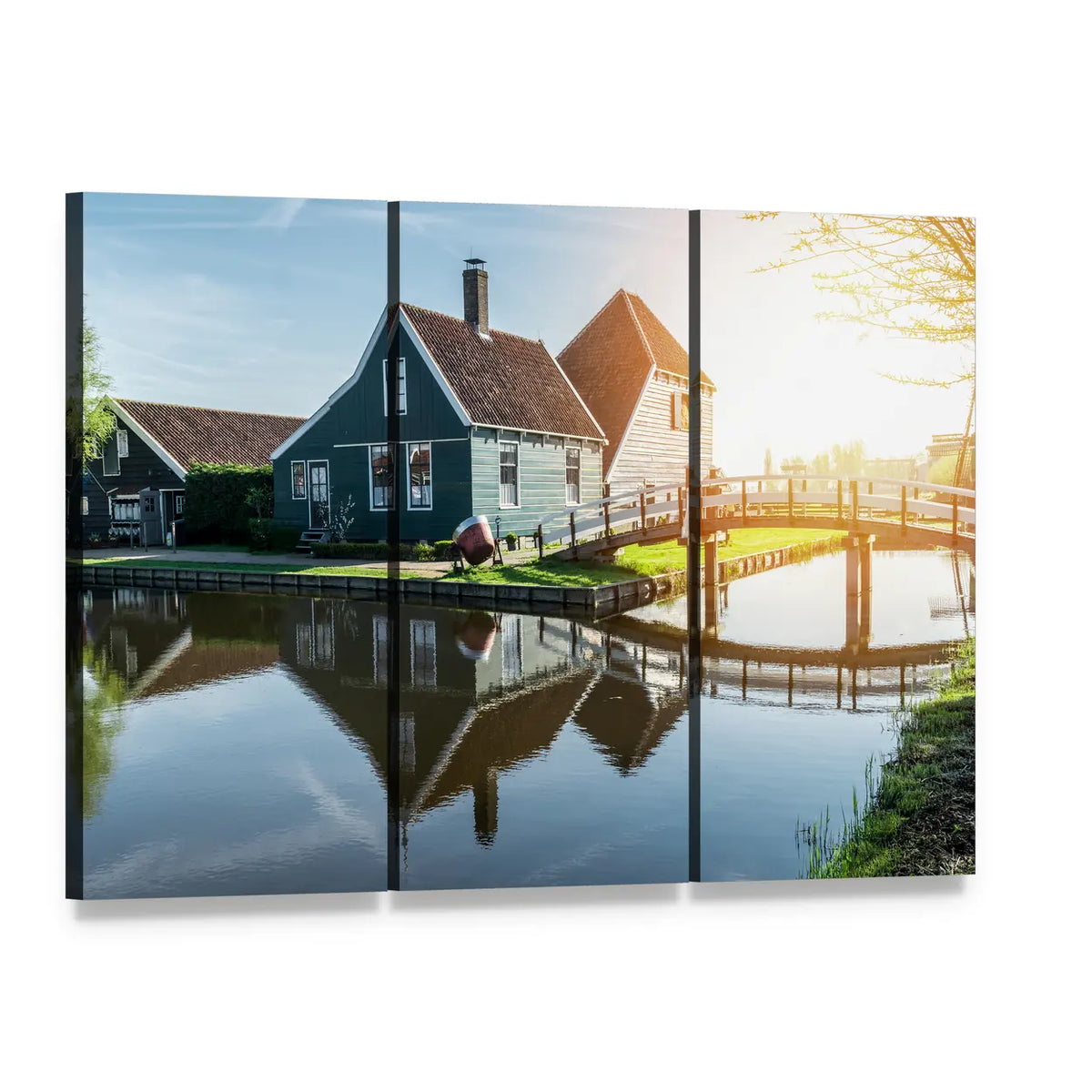 Dutch Canal Houses with Wooden Bridge Canvas Wall Art, 3 panel 3 Horizontal layout gallery wrapped canvas set, angled product view