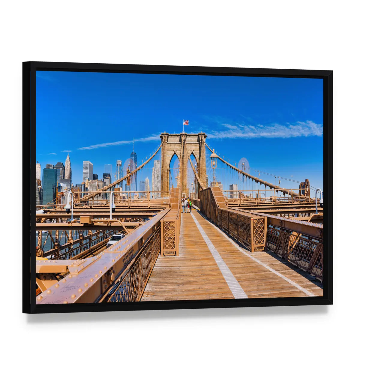 Lower Manhattan from Brooklyn Bridge Canvas Wall Art, framed canvas in a black floater frame, angled product view