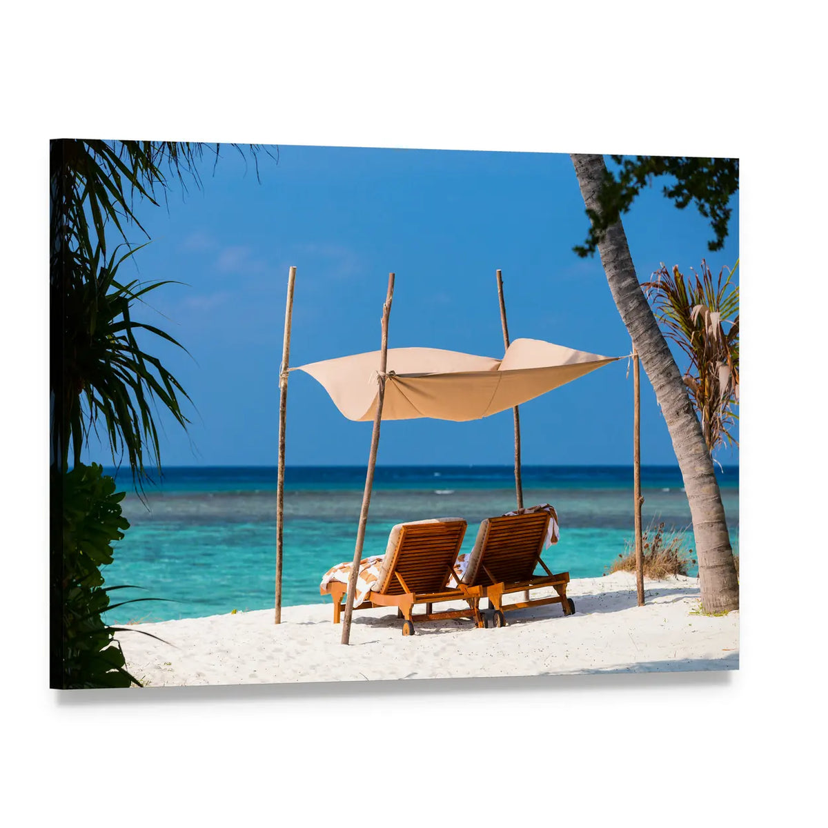 Two Lounge Chairs on Tropical Beach Canvas Wall Art, single panel gallery wrapped canvas, angled product view