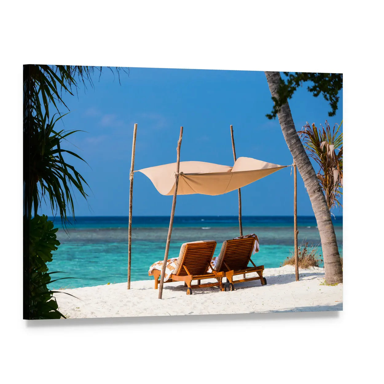 Two Lounge Chairs on Tropical Beach Canvas Wall Art, single panel gallery wrapped canvas, angled product view