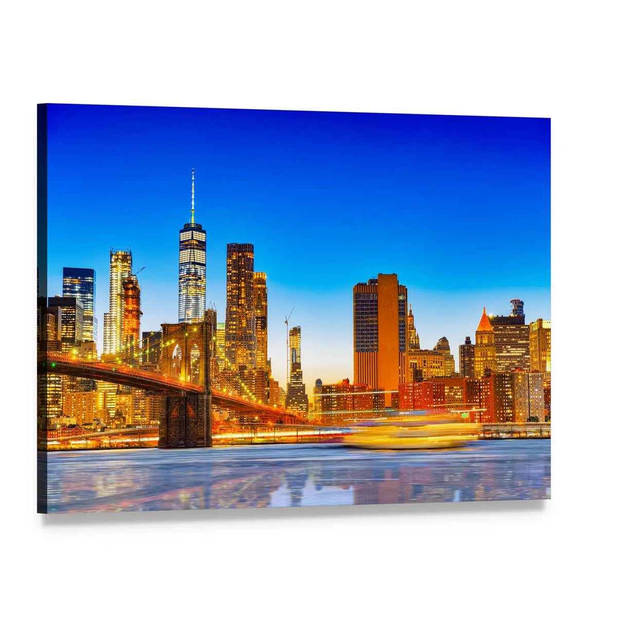 Lower Manhattan Skyline with Brooklyn Bridge at Dusk Canvas Wall Art, single panel gallery wrapped canvas, angled product view