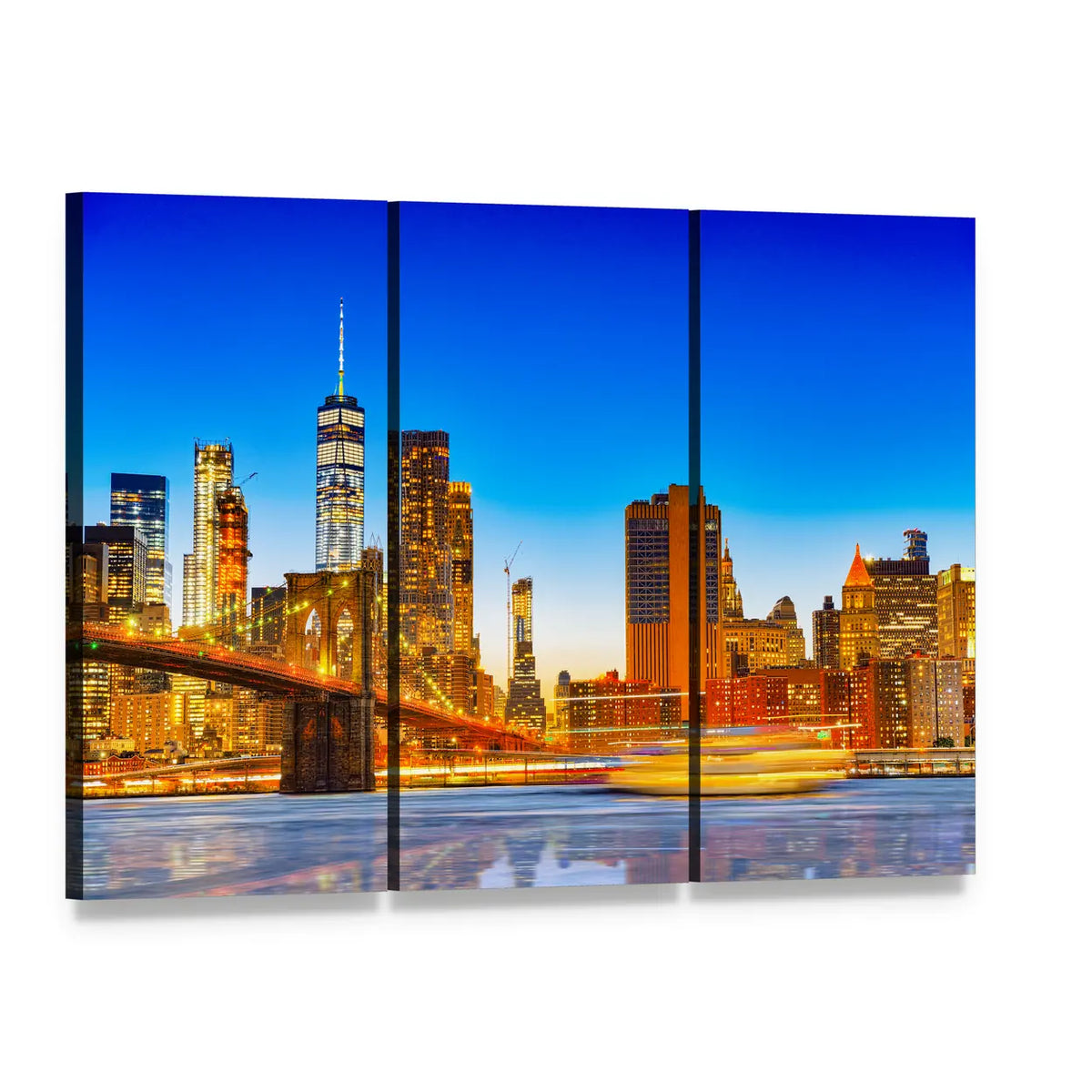 Lower Manhattan and Brooklyn Bridge Canvas Wall Art, 3 panel 3 Horizontal layout gallery wrapped canvas set, angled product view