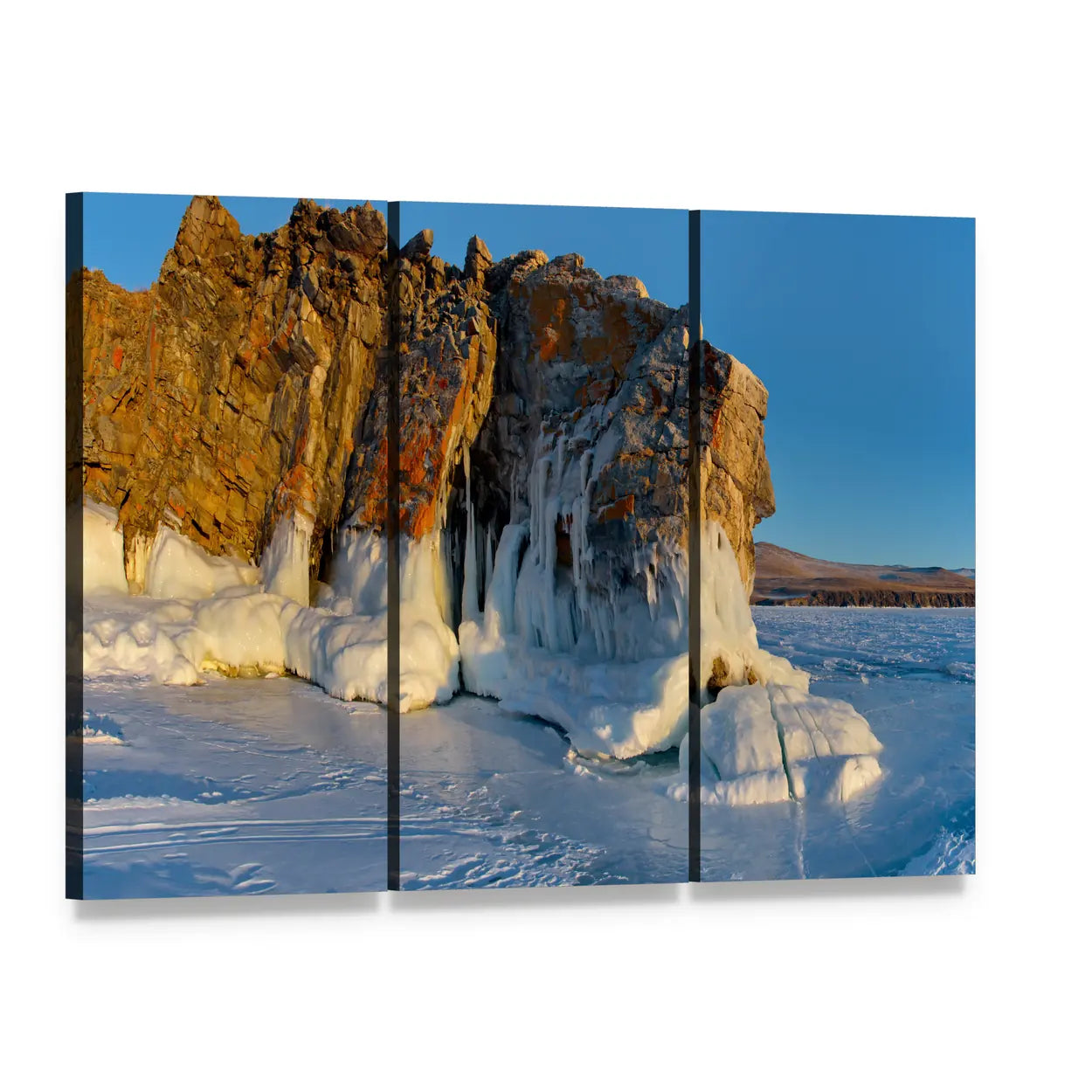 Lake Baikal Ice Formations Canvas Wall Art, 3 panel 3 Horizontal layout gallery wrapped canvas set, angled product view