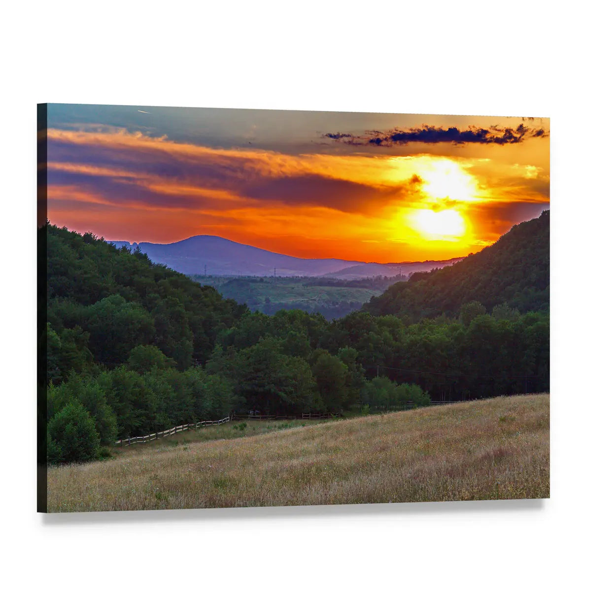 Sunset Over Forested Mountain Valley Canvas Wall Art, single panel gallery wrapped canvas, angled product view