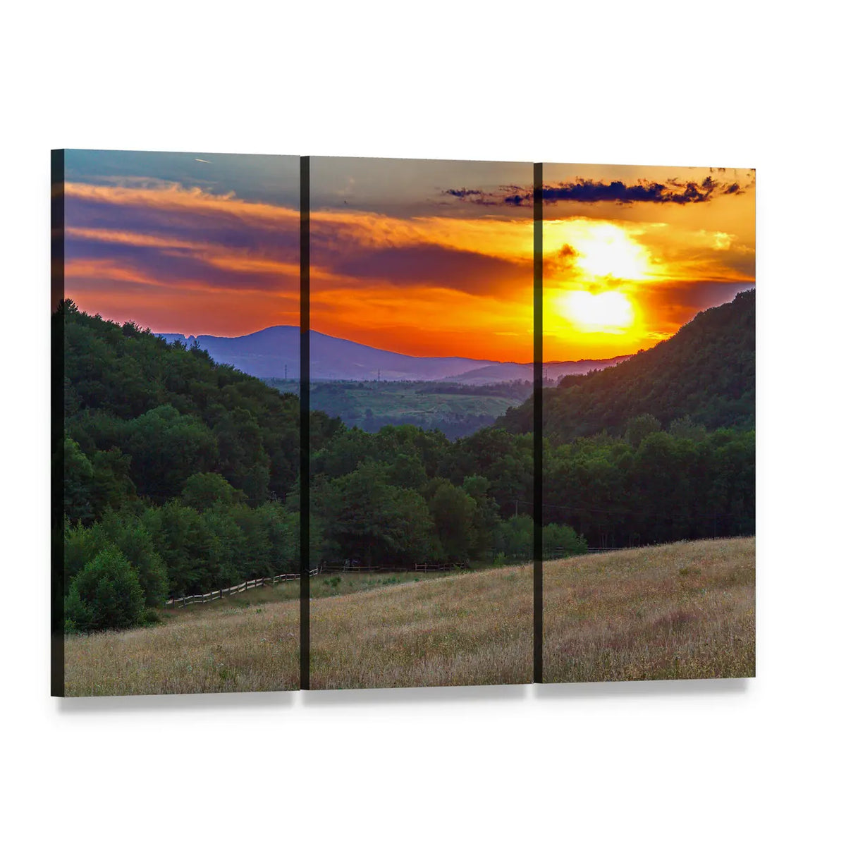 Sunset Over Forested Mountain Valley Canvas Wall Art, 3 panel 3 Horizontal layout gallery wrapped canvas set, angled product view