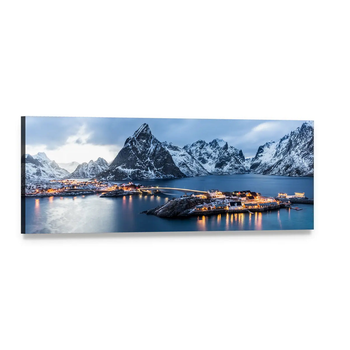 Norway at Blue Hour Panoramic Canvas Wall Art, single panel gallery wrapped canvas, angled product view