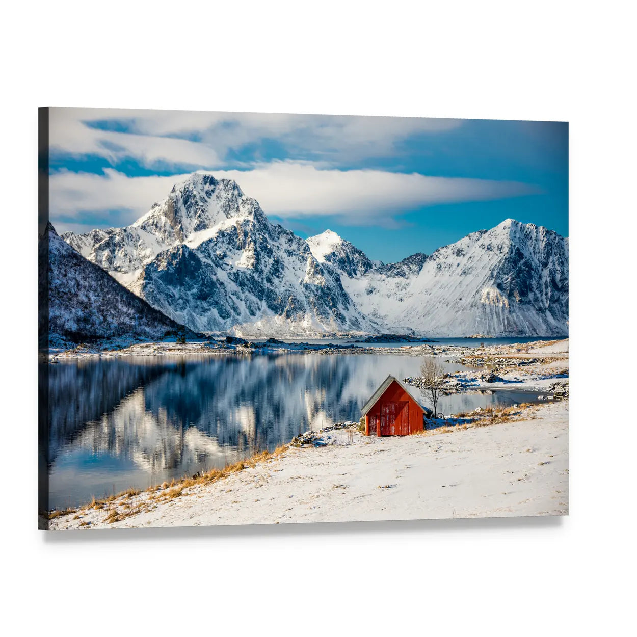 Red Cabin by Snowy Mountain Lake Canvas Wall Art, single panel gallery wrapped canvas, angled product view