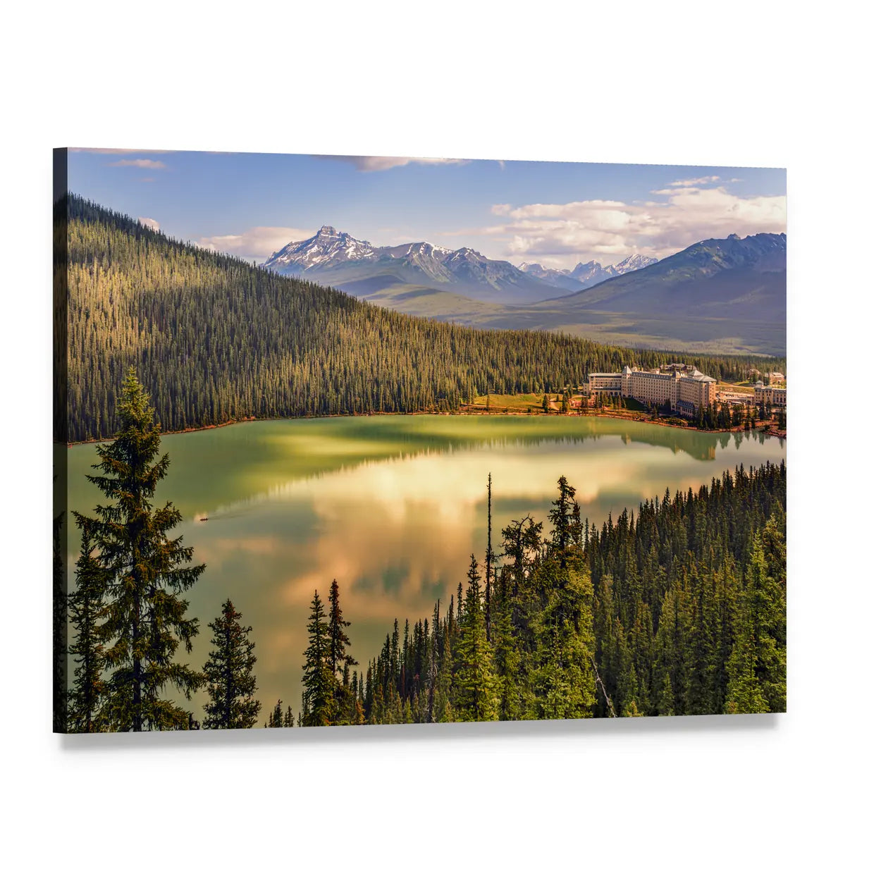 Alpine Lake Beneath Snow-capped Mountains Canvas Wall Art, single panel gallery wrapped canvas, angled product view