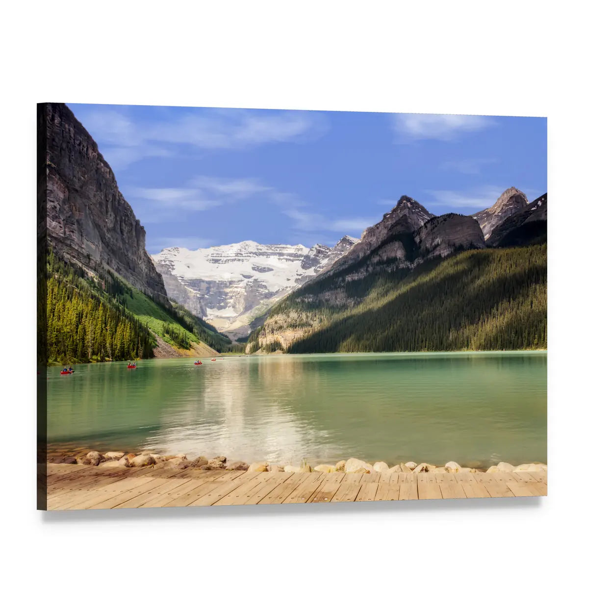 Emerald Lake with Wooden Dock and Snow-capped Peaks Canvas Wall Art, single panel gallery wrapped canvas, angled product view